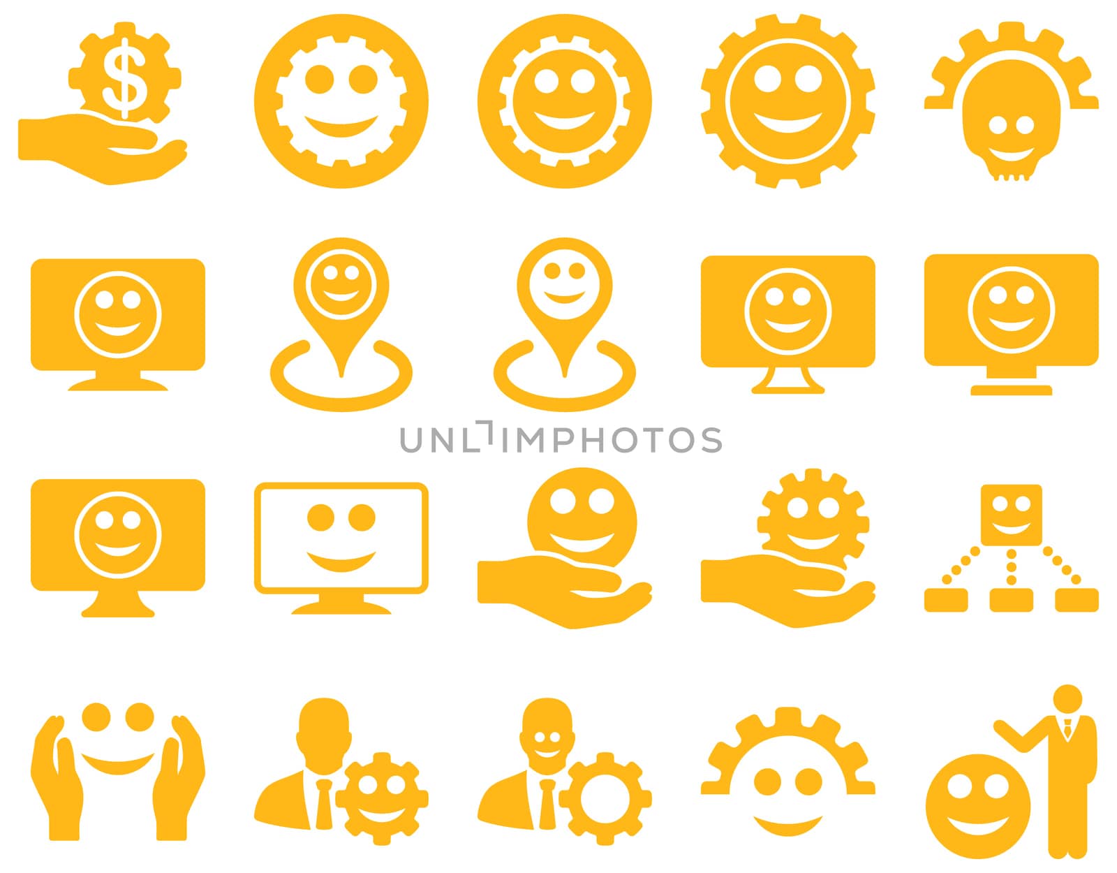 Tools, gears, smiles, map markers icons. by ahasoft