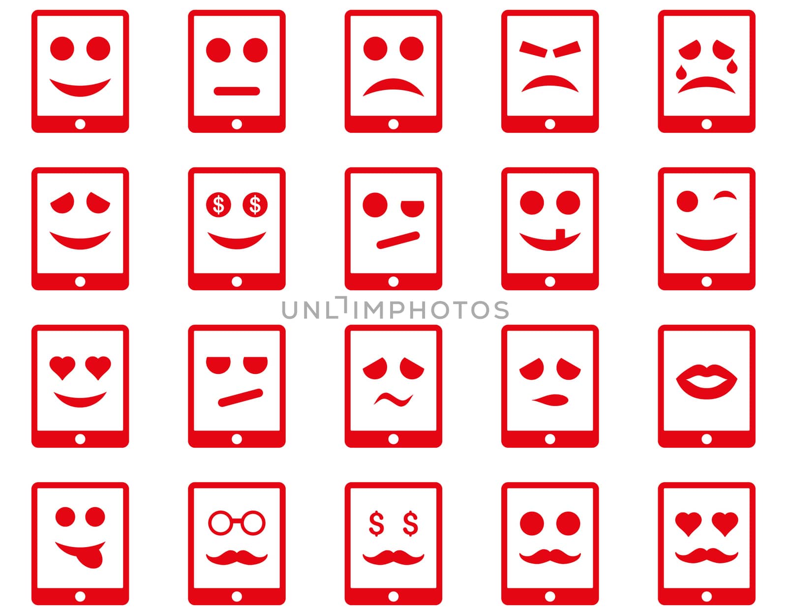 Emotion mobile tablet icons. Glyph set style is flat images, red symbols, isolated on a white background.