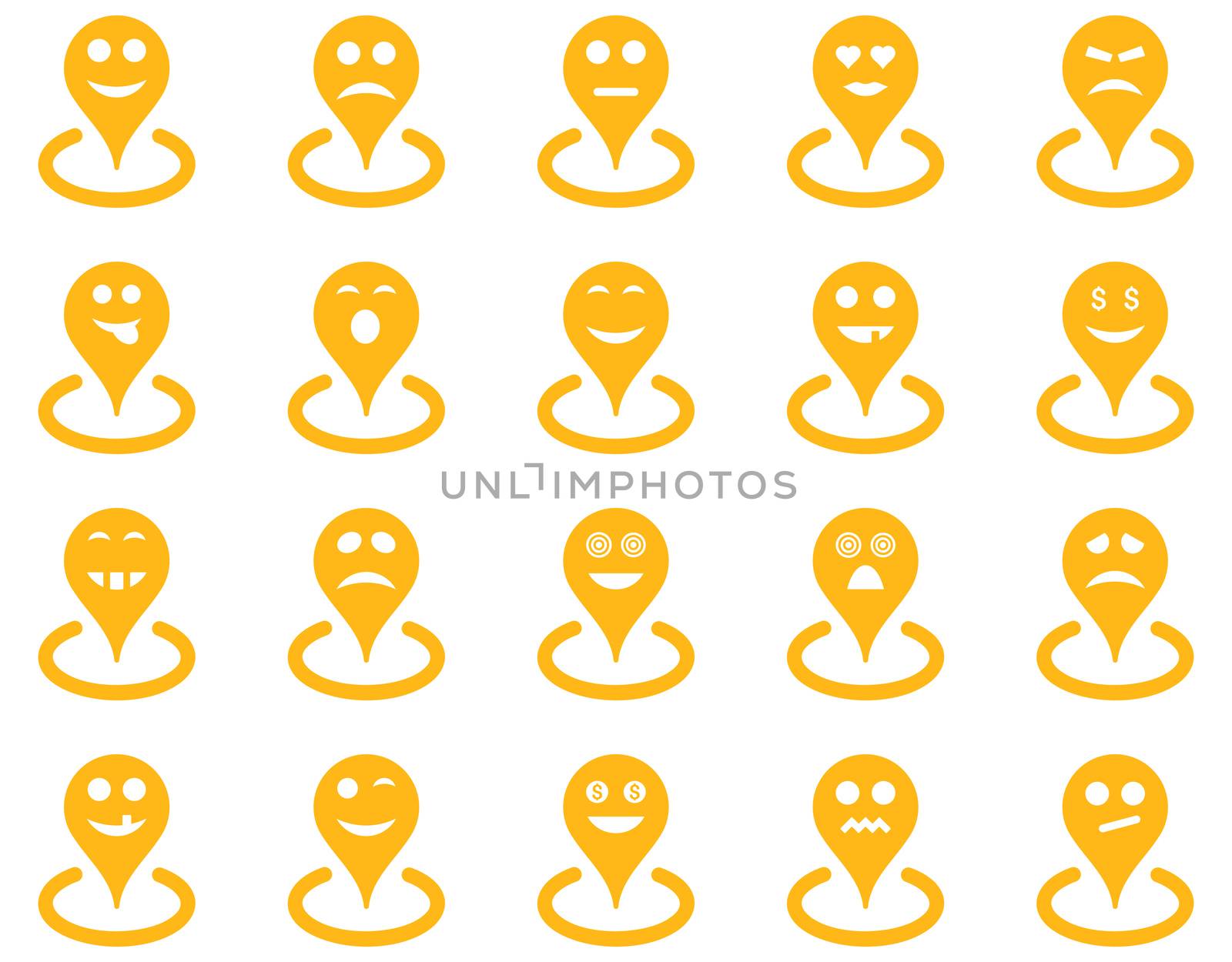 Smiled location icons. Glyph set style is flat images, yellow symbols, isolated on a white background.