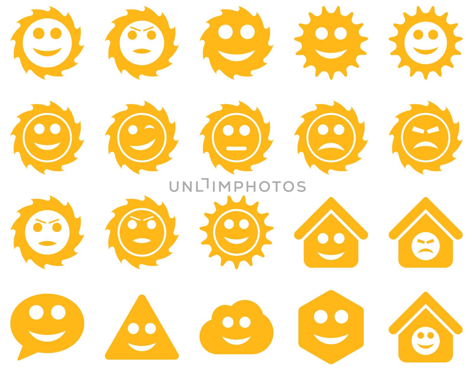 Tools, gears, smiles, emotions icons. Glyph set style is flat images, yellow symbols, isolated on a white background.