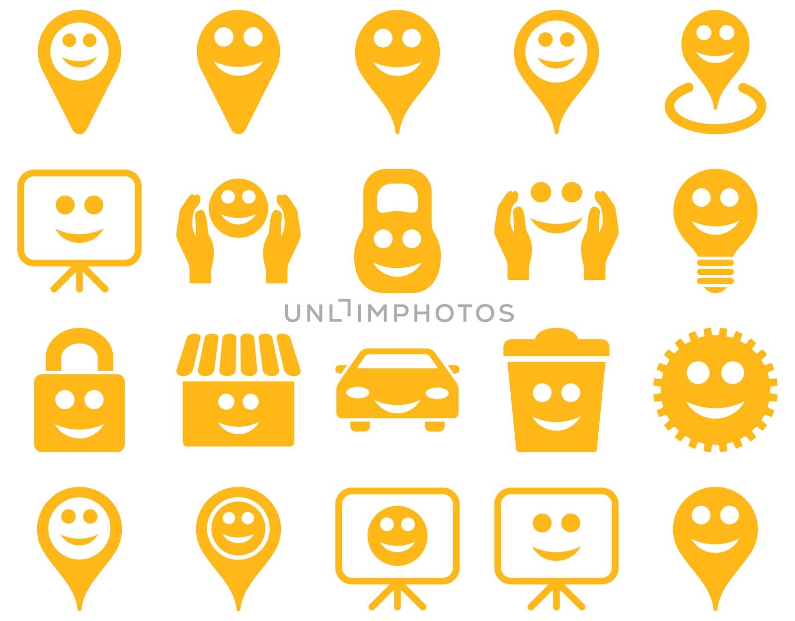 Tools, options, smiles, objects icons. Glyph set style is flat images, yellow symbols, isolated on a white background.