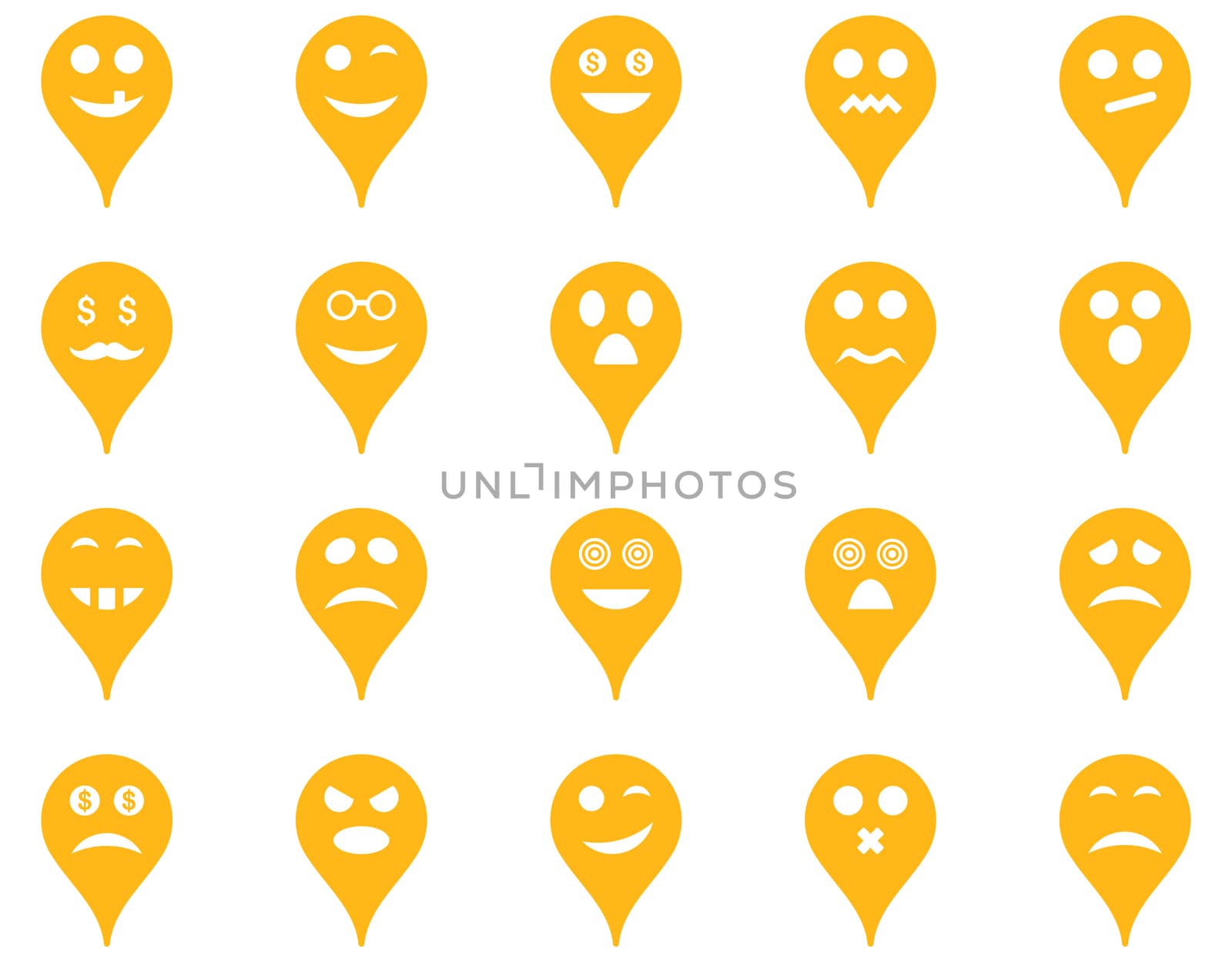 Emotion map marker icons. Glyph set style is flat images, yellow symbols, isolated on a white background.