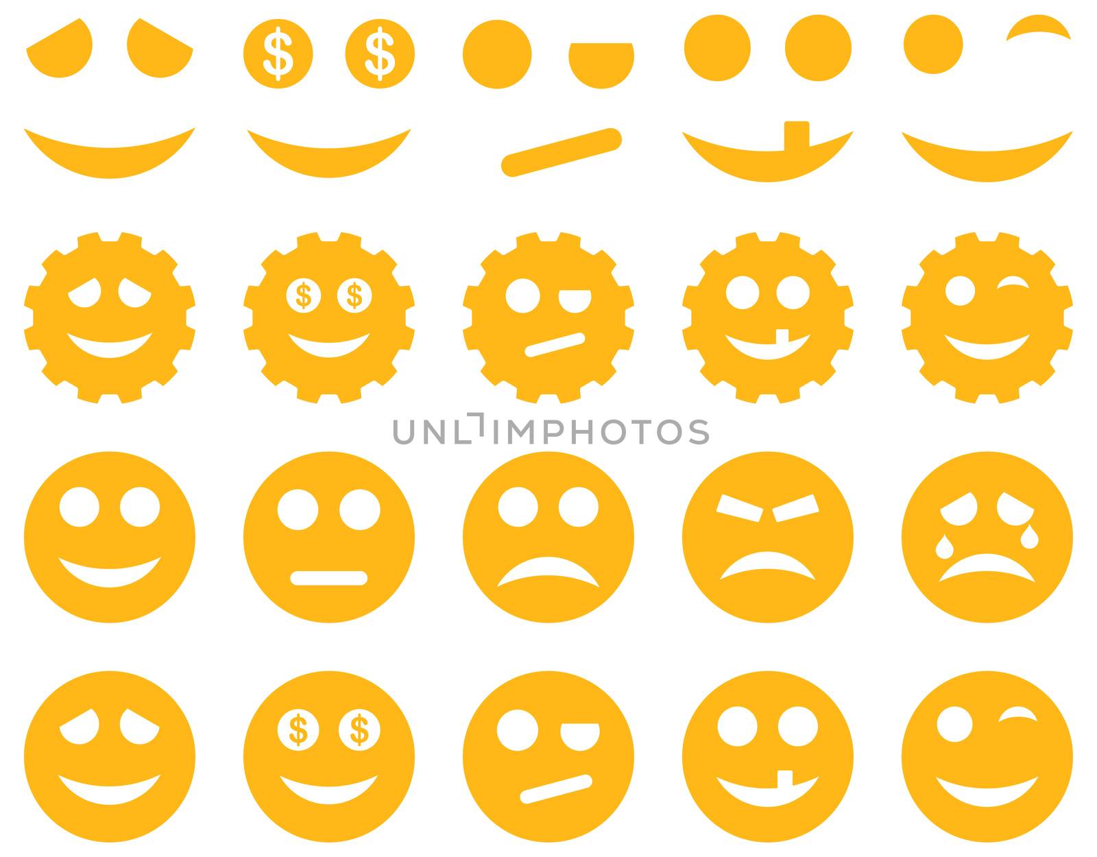 Tools, gears, smiles, emoticons icons. Glyph set style is flat images, yellow symbols, isolated on a white background.