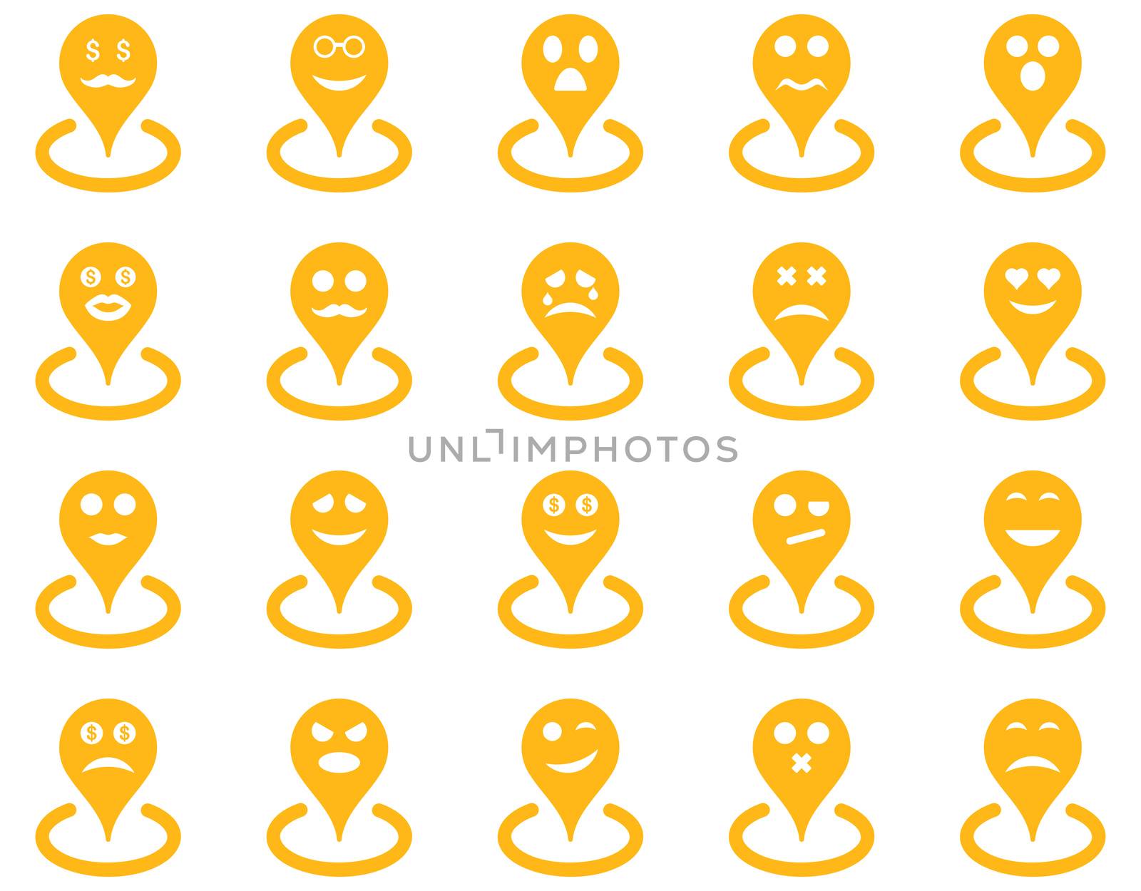 Smiled location icons. Glyph set style is flat images, yellow symbols, isolated on a white background.