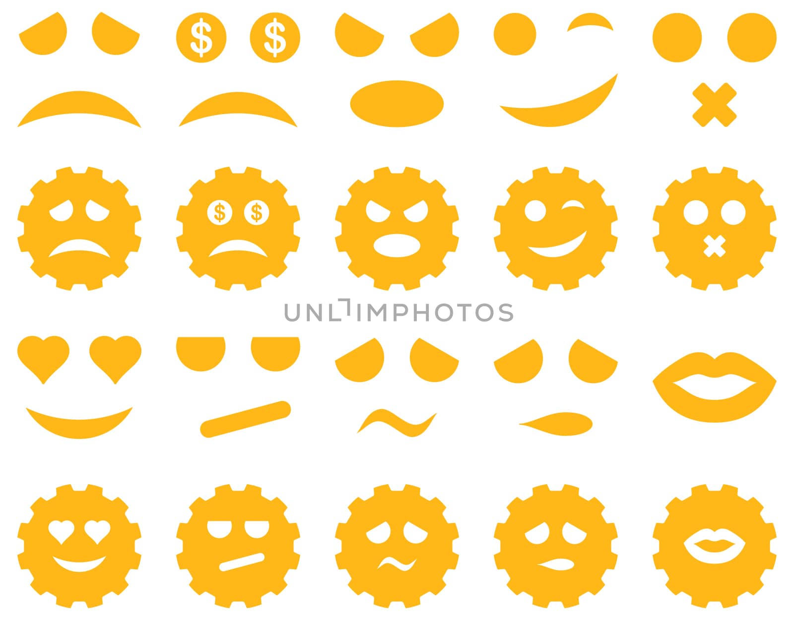 Tool, gear, smile, emotion icons. Glyph set style is flat images, yellow symbols, isolated on a white background.