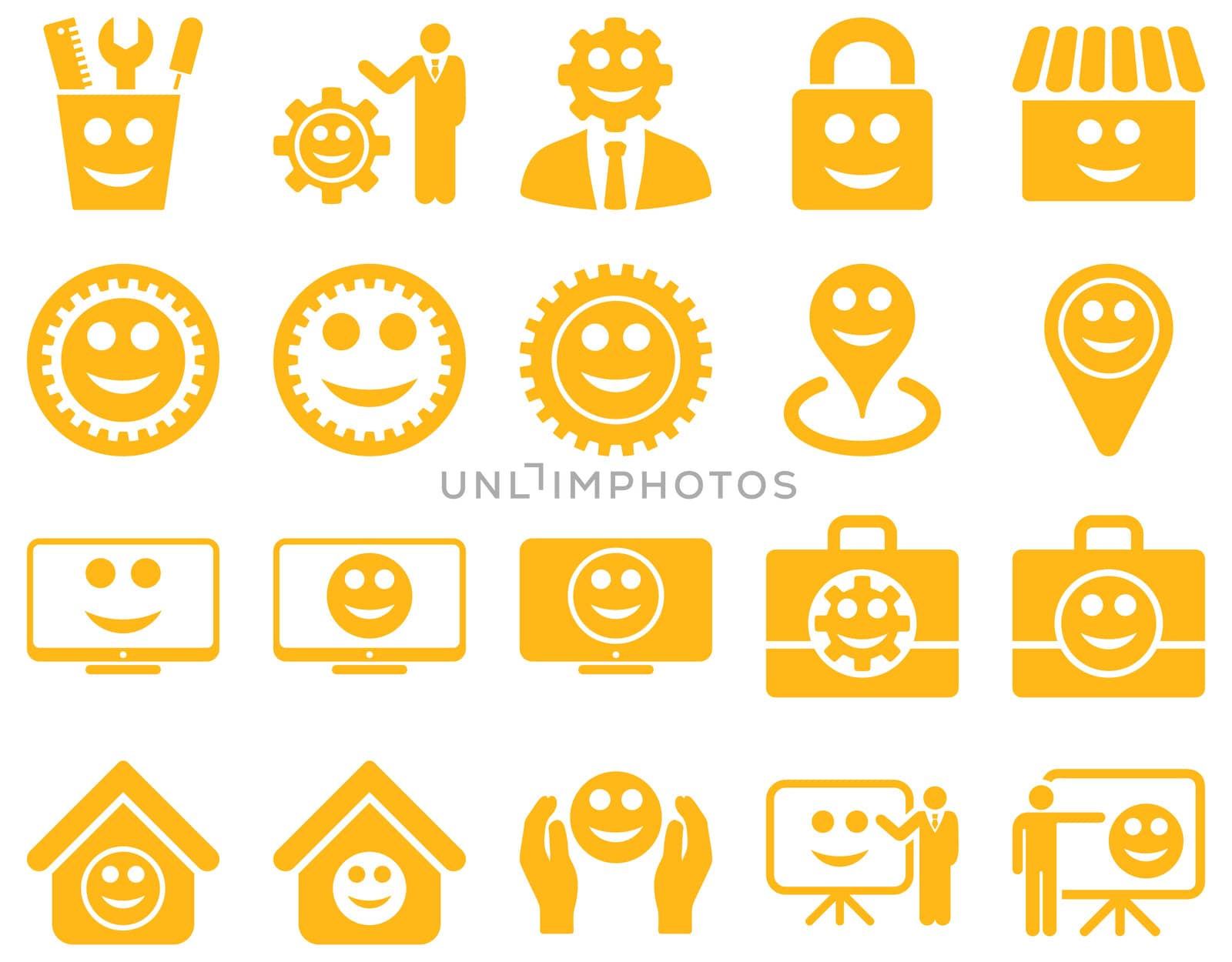 Tools, gears, smiles, management icons. Glyph set style is flat images, yellow symbols, isolated on a white background.