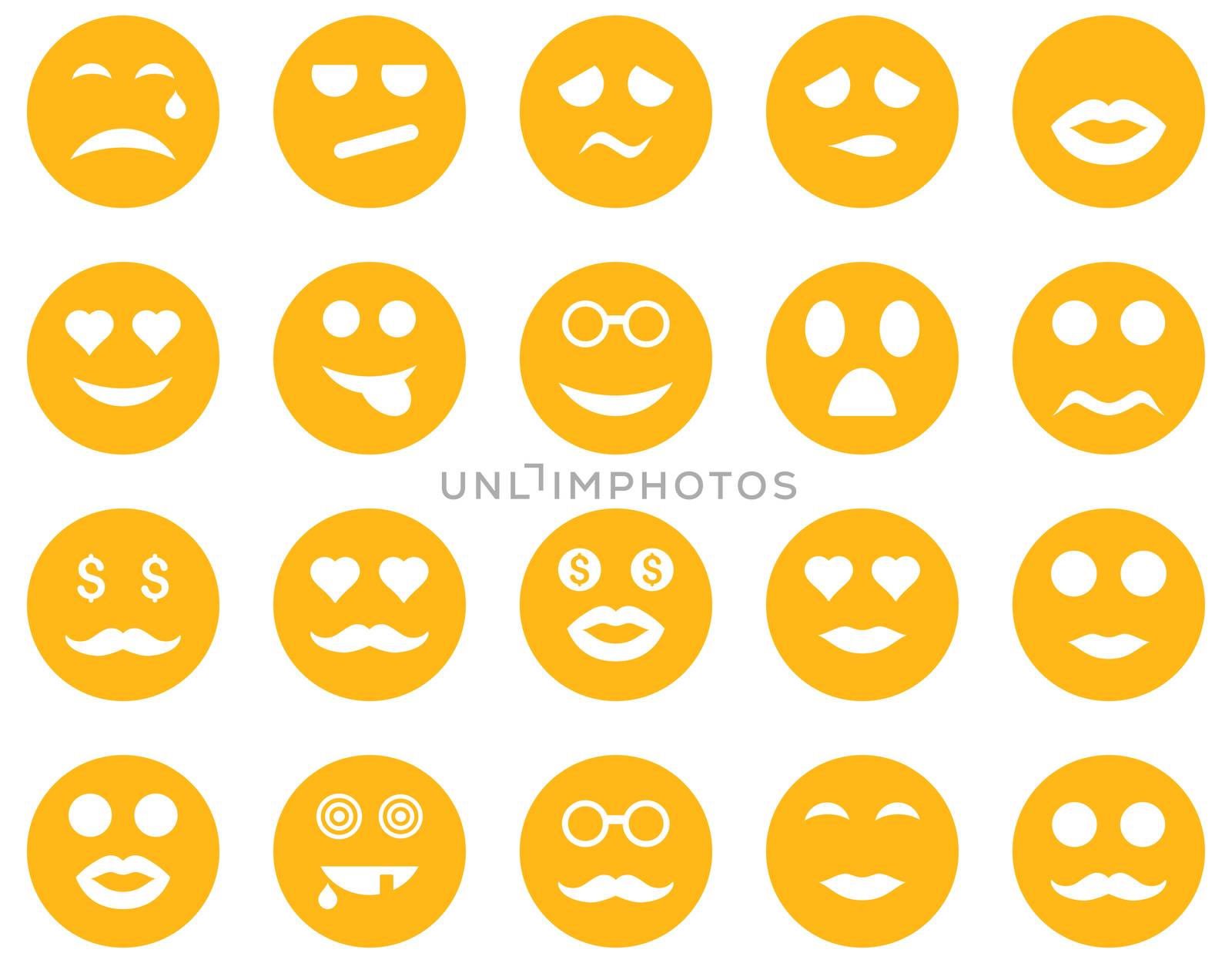 Smile and emotion icons. Glyph set style is flat images, yellow symbols, isolated on a white background.