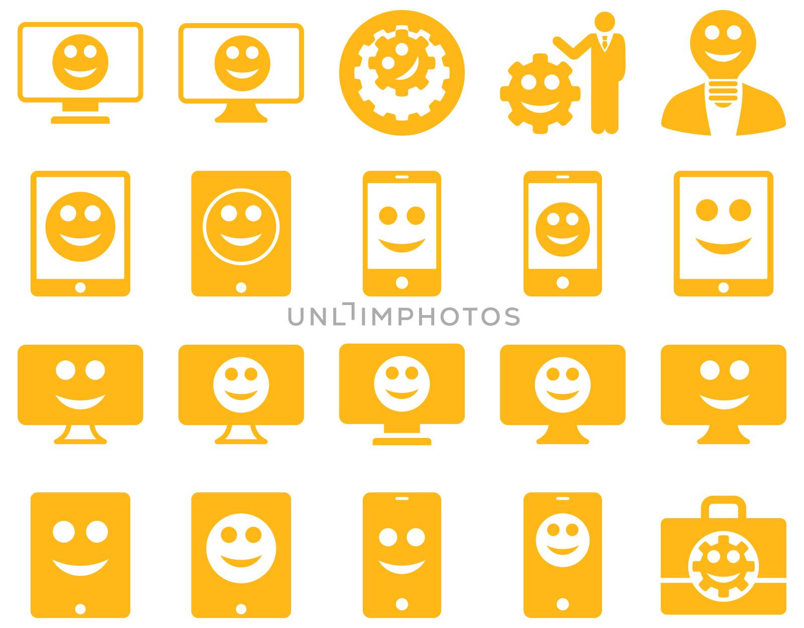 Tools, options, smiles, displays, devices icons. Glyph set style is flat images, yellow symbols, isolated on a white background.