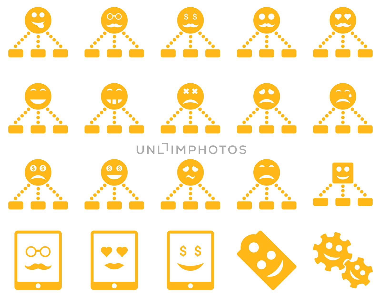 Smile, emotion, relations and tablet icons. Glyph set style is flat images, yellow symbols, isolated on a white background.