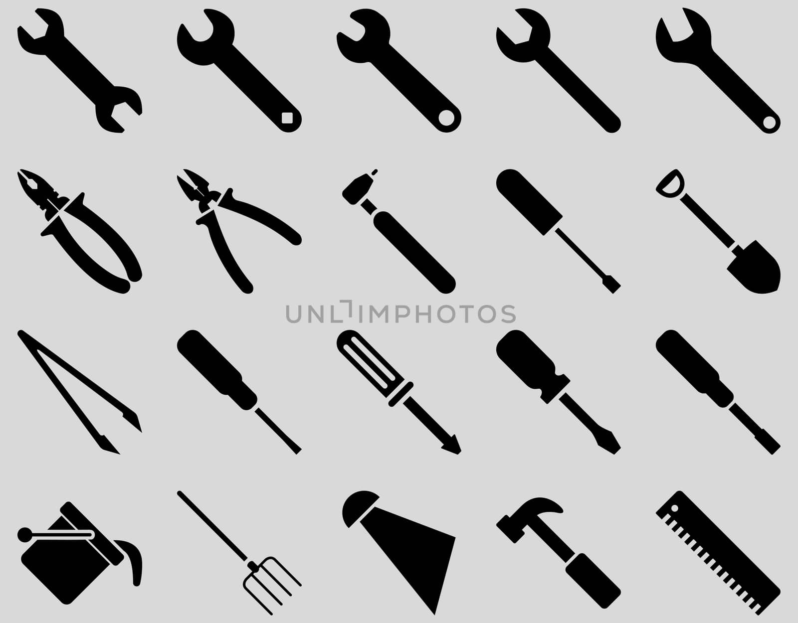 Equipment and Tools Icons. Glyph set style is flat images, black color, isolated on a light gray background.