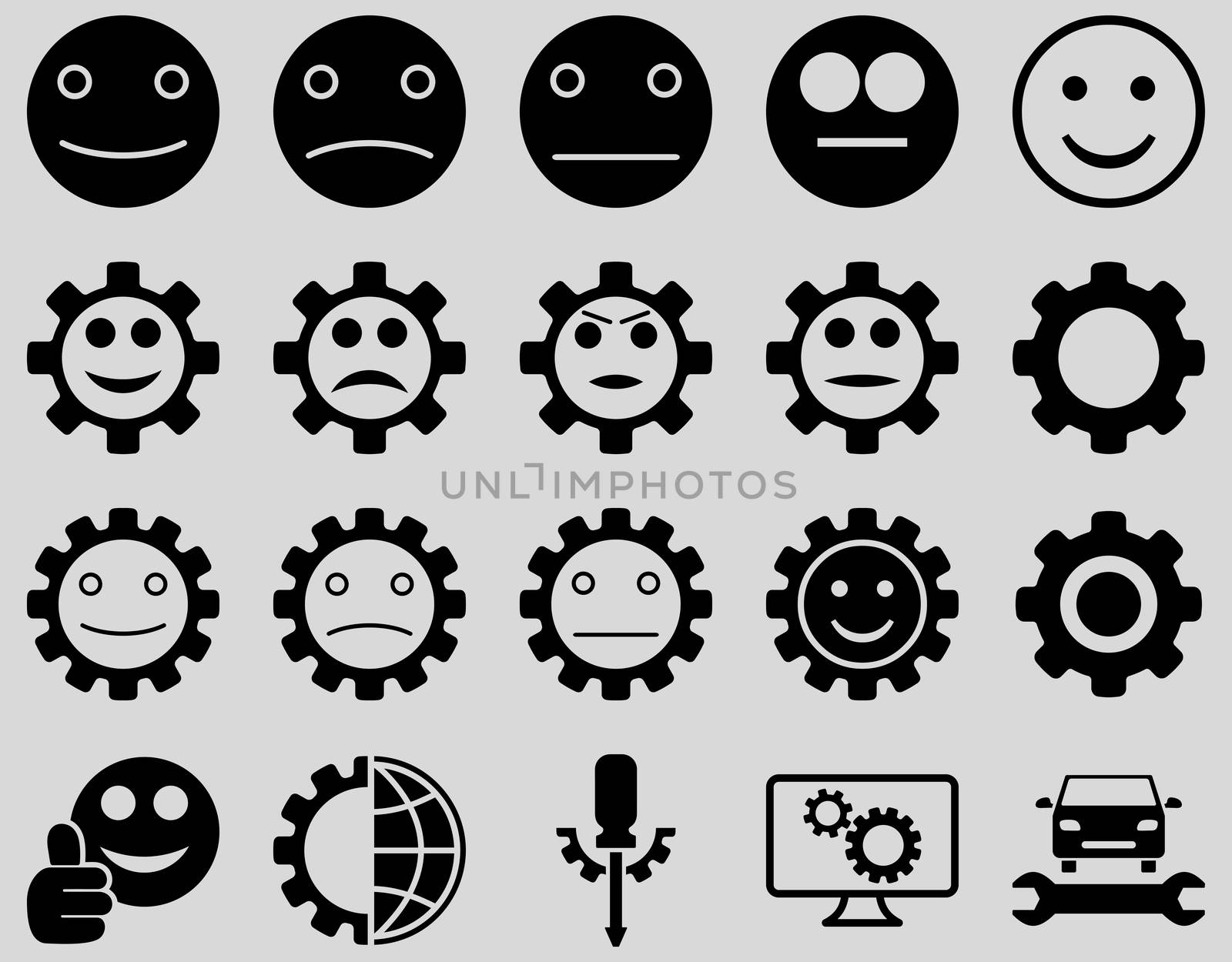 Tools and Smile Gears Icons. Glyph set style is flat images, black color, isolated on a light gray background.