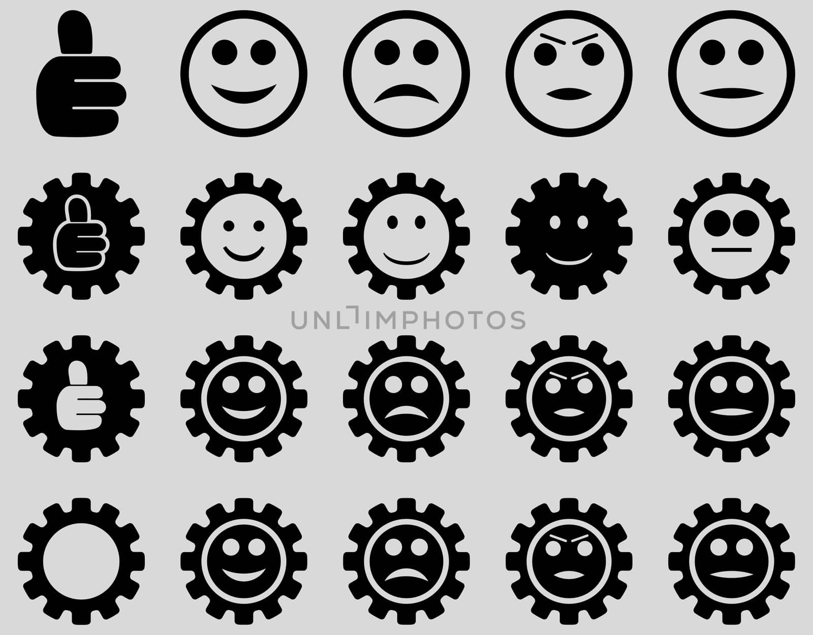 Settings and Smile Gears Icons. Glyph set style is flat images, black color, isolated on a light gray background.