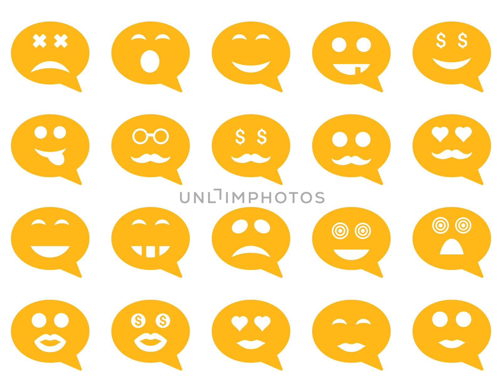 Chat emotion smile icons. Glyph set style is flat images, yellow symbols, isolated on a white background.
