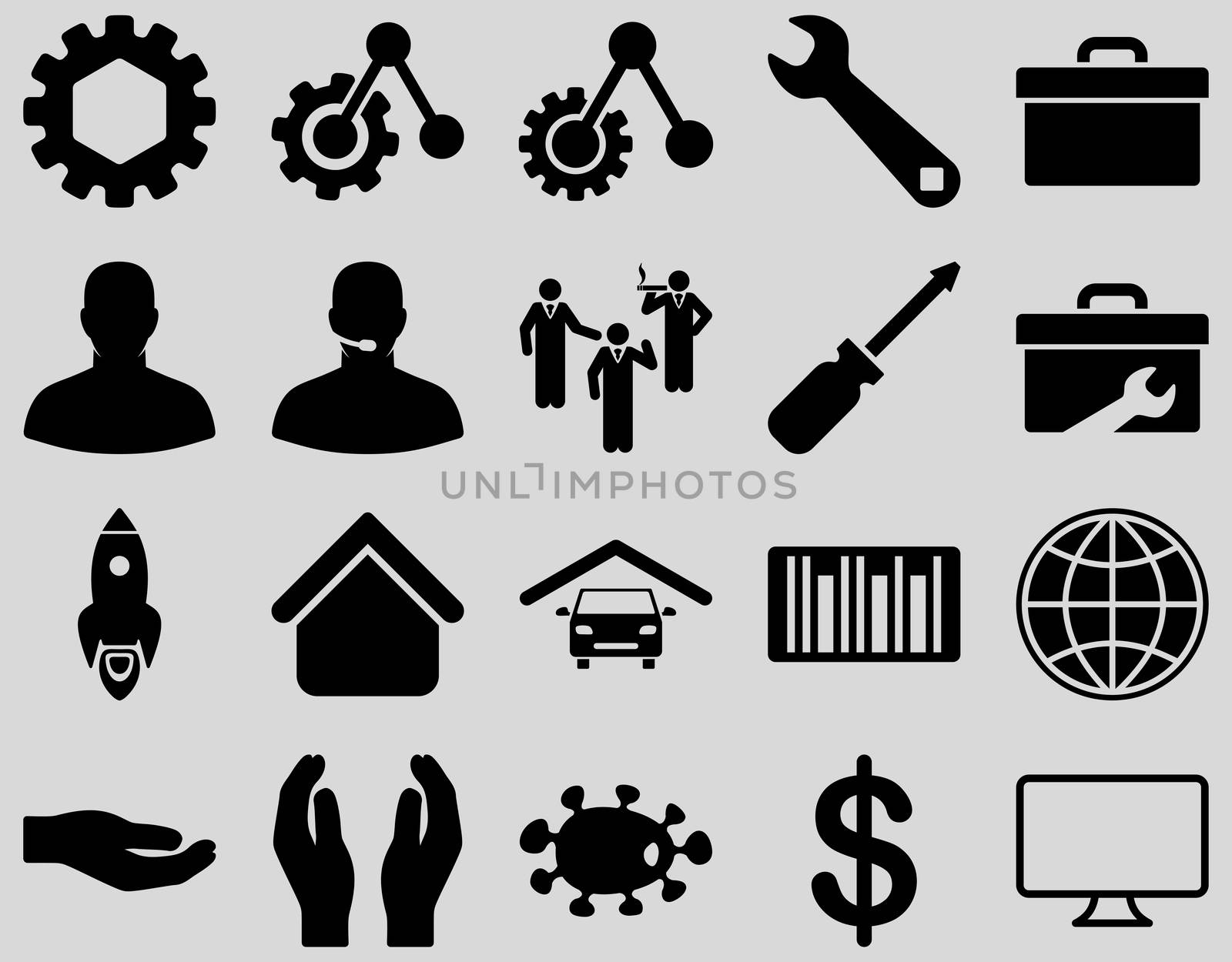 Settings and Tools Icons. Glyph set style is flat images, black color, isolated on a light gray background.