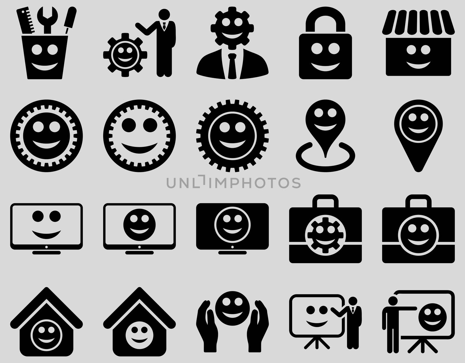 Tools, gears, smiles, management icons. by ahasoft