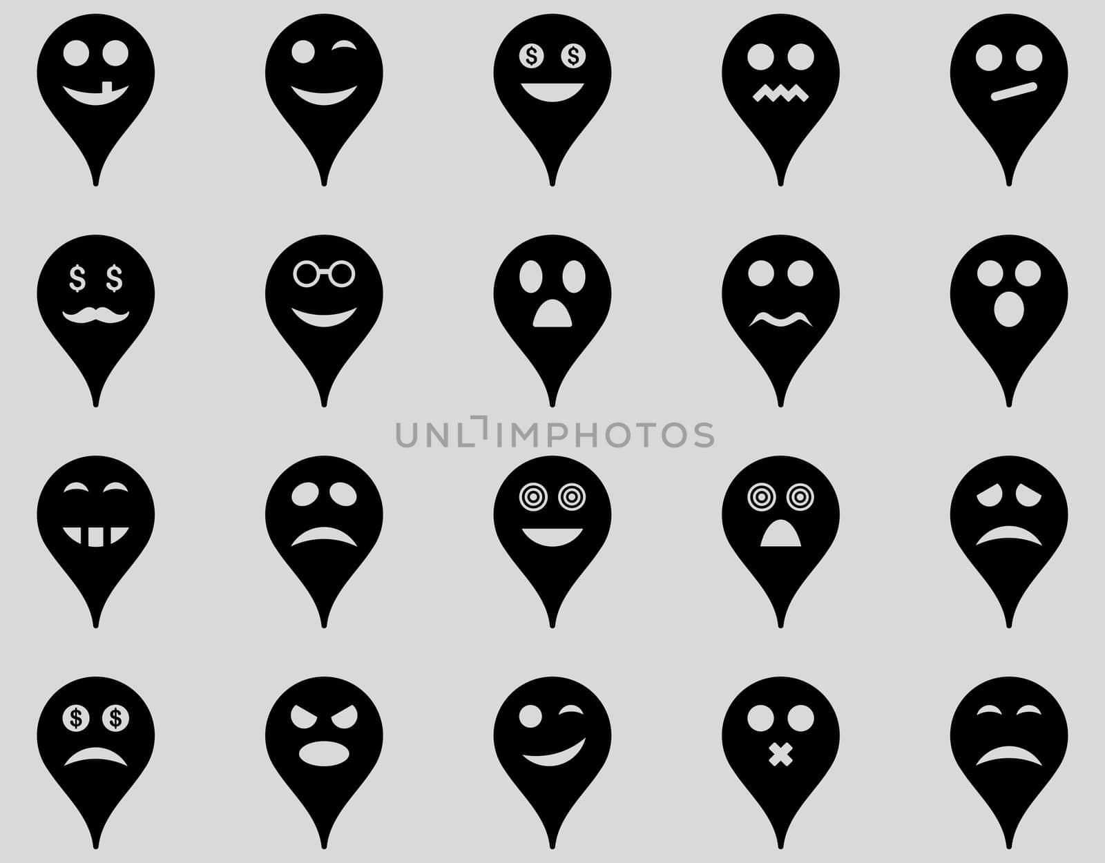 Emotion map marker icons. Glyph set style is flat images, black symbols, isolated on a light gray background.