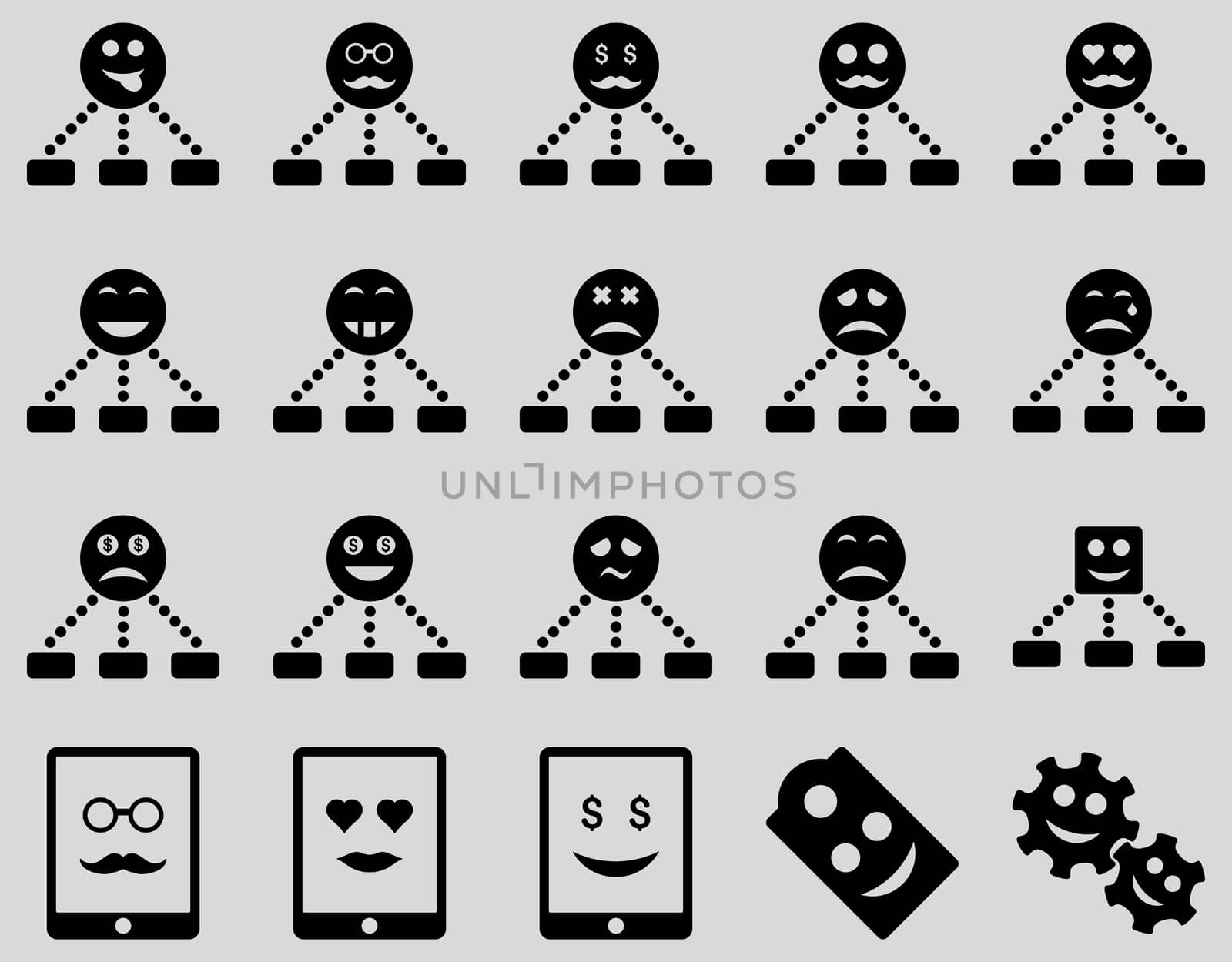 Smile, emotion, relations and tablet icons. Glyph set style is flat images, black symbols, isolated on a light gray background.