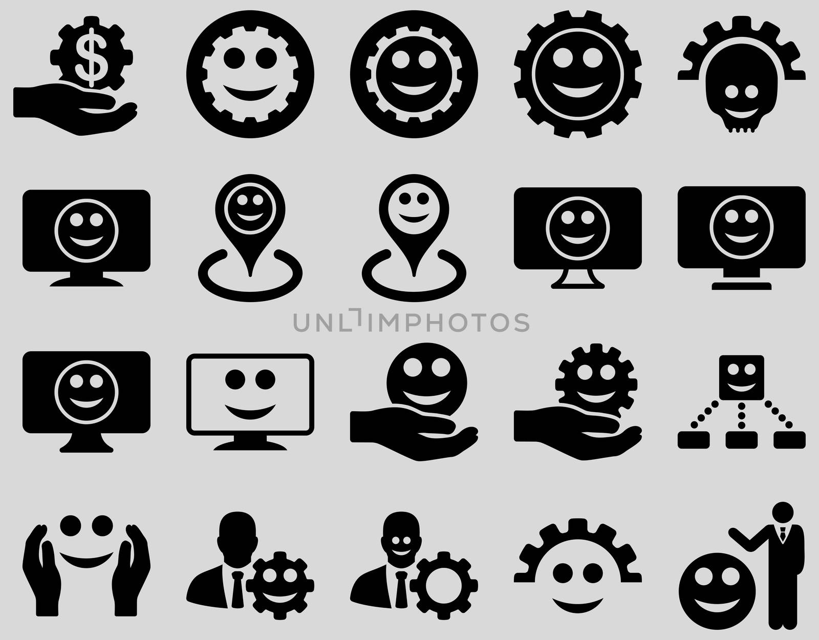 Tools, gears, smiles, map markers icons. Glyph set style is flat images, black symbols, isolated on a light gray background.