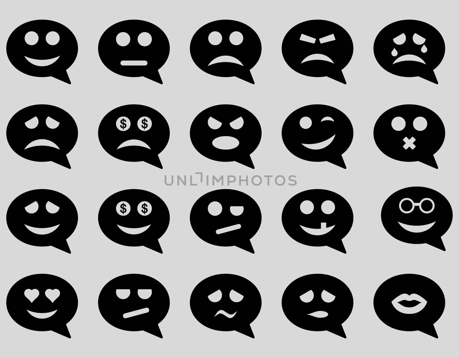 Chat emotion smile icons. Glyph set style is flat images, black symbols, isolated on a light gray background.