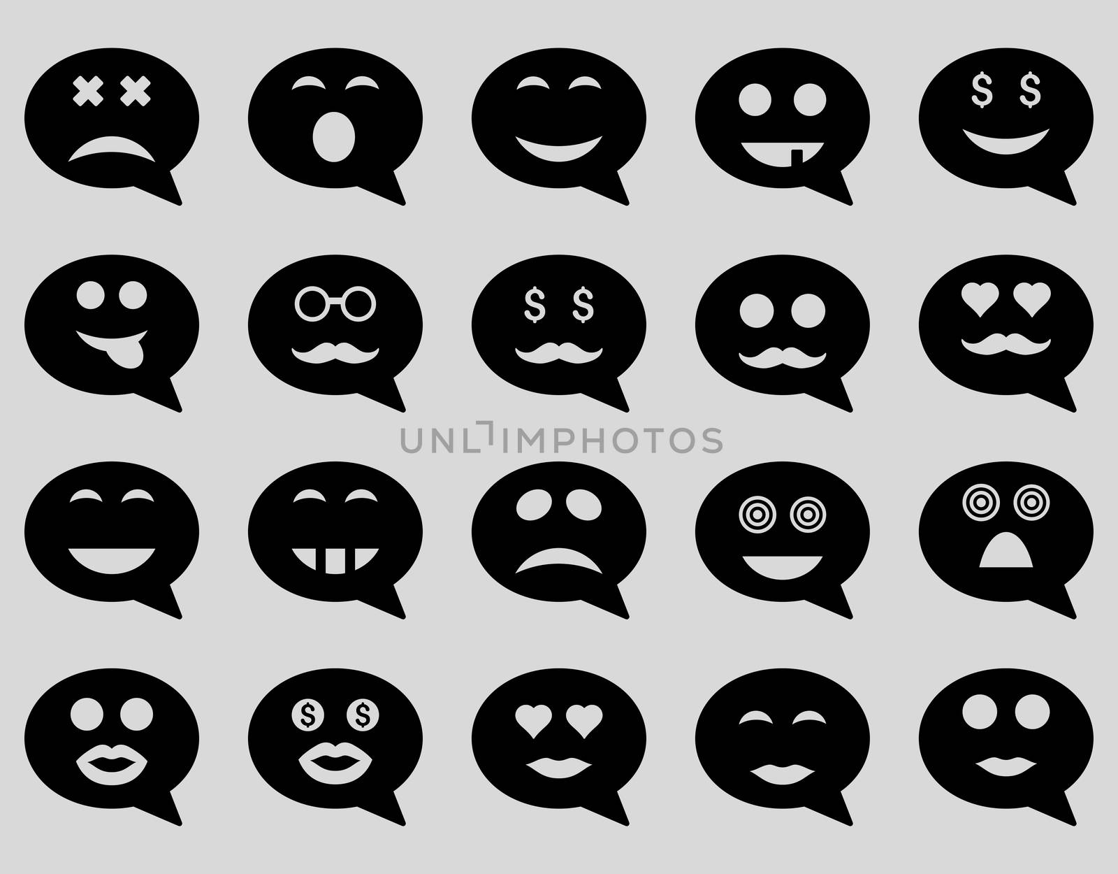 Chat emotion smile icons. Glyph set style is flat images, black symbols, isolated on a light gray background.