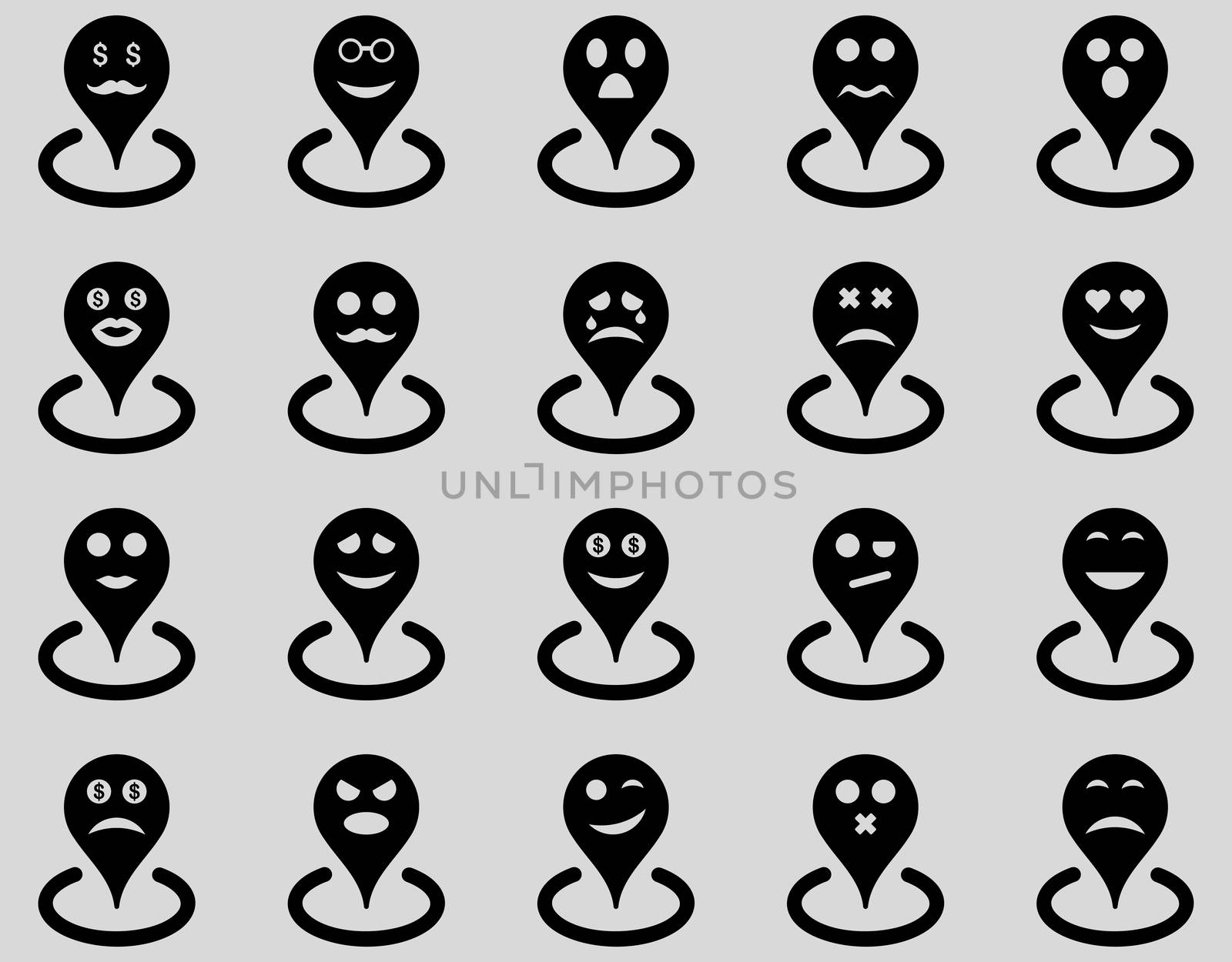 Smiled location icons. Glyph set style is flat images, black symbols, isolated on a light gray background.
