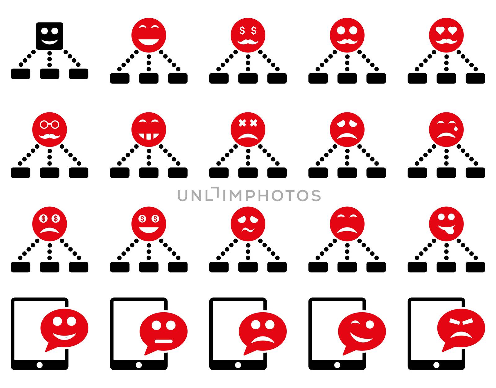 Emotion hierarchy and SMS icons. Glyph set style is bicolor flat images, intensive red and black symbols, isolated on a white background.