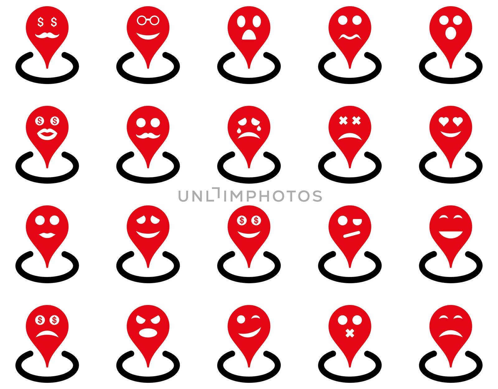 Smiled location icons. Glyph set style is bicolor flat images, intensive red and black symbols, isolated on a white background.