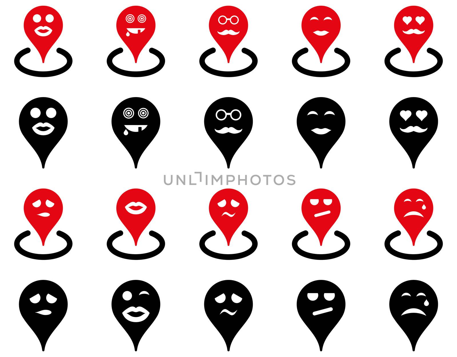 Smiled map marker icons. Glyph set style is bicolor flat images, intensive red and black symbols, isolated on a white background.