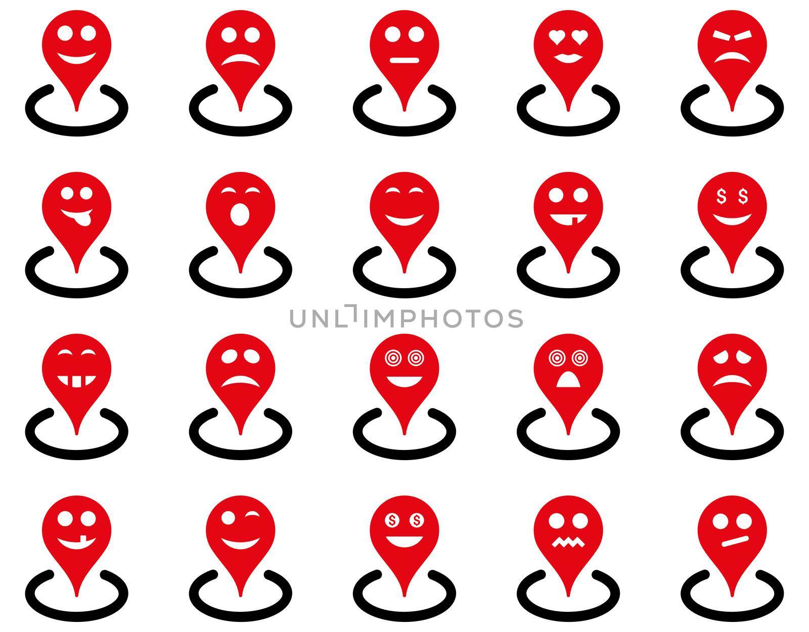 Smiled location icons. Glyph set style is bicolor flat images, intensive red and black symbols, isolated on a white background.