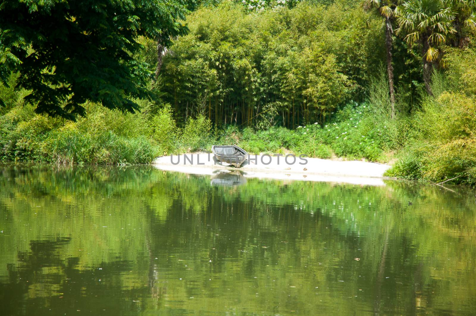 Rowboat on the lake on a clear summer day.