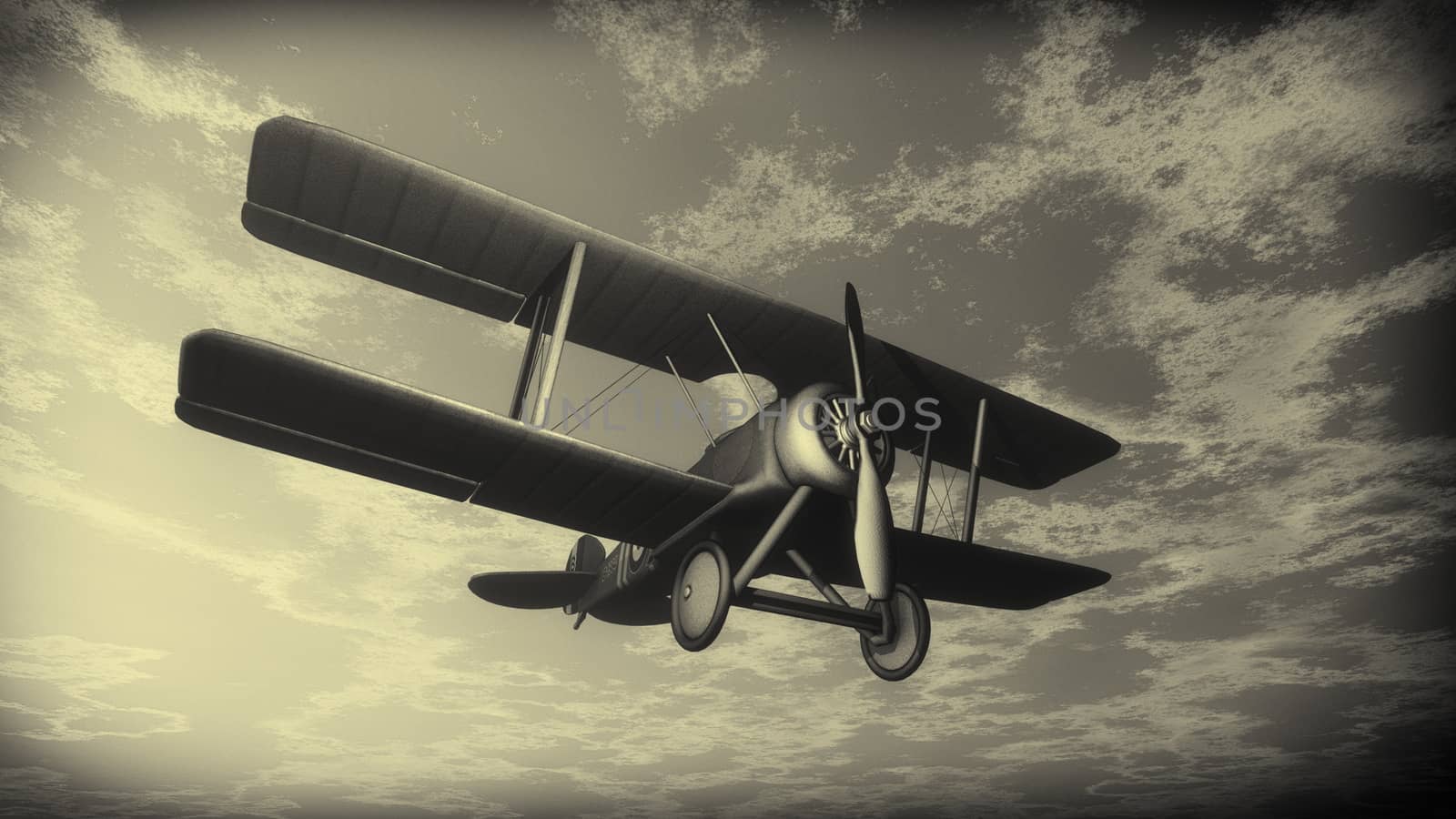 Biplane flying in the sunset cloudy sky, vintage style - 3D render