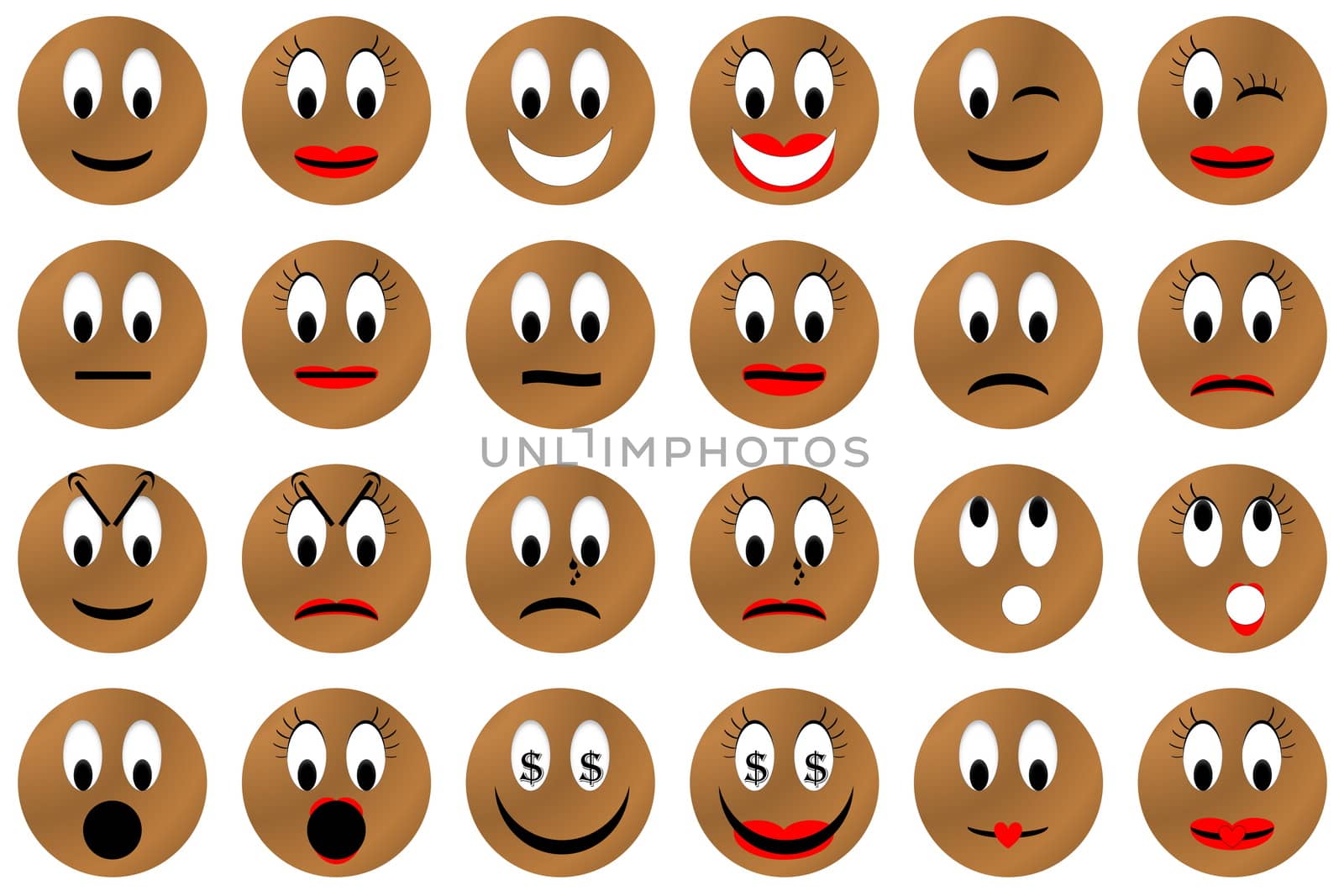Brown male and female emoticons set or collection isolated in white background