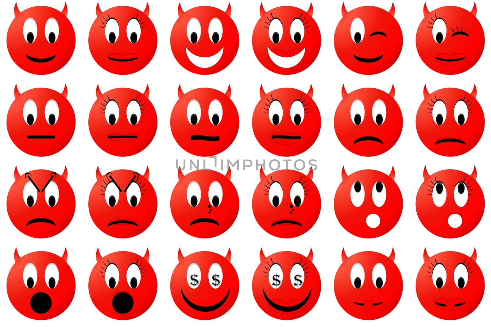 Red male and female devil emoticons set or collection isolated in white background