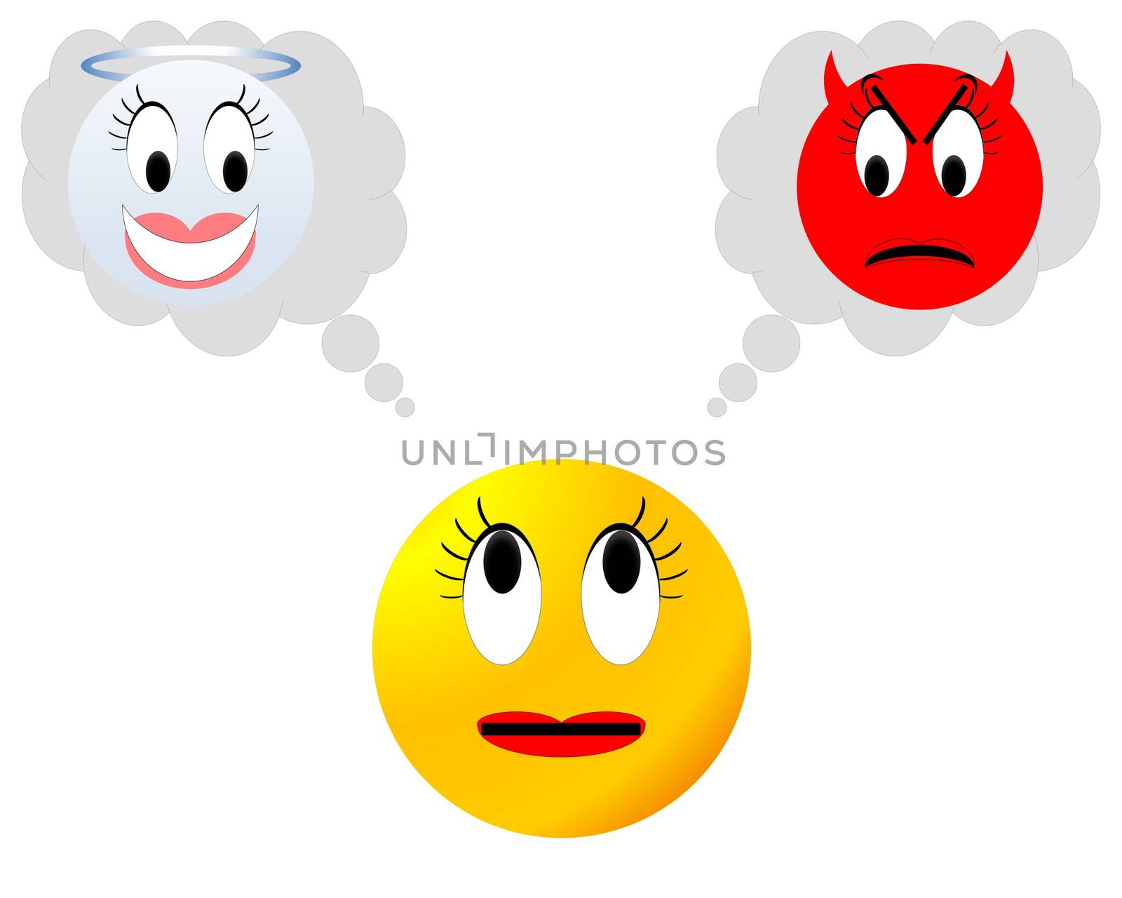 Yellow neutral female smiley hesitating between angel and devil