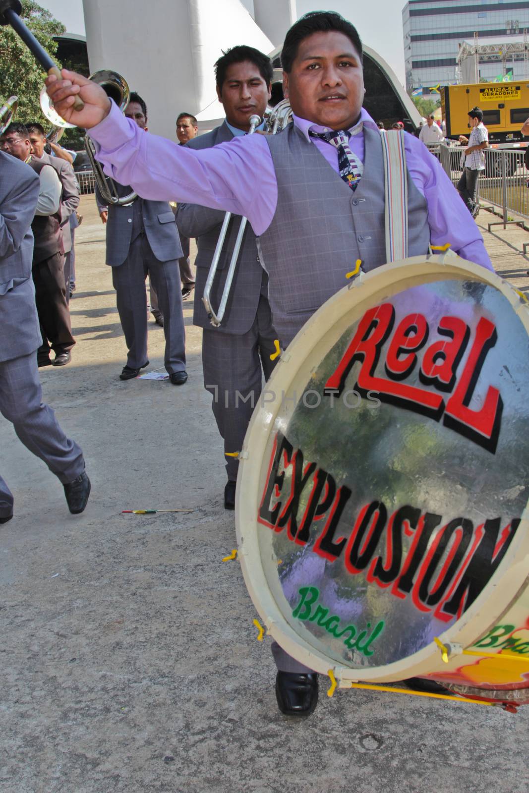 SAO PAULO, BRAZIL August 9 2015: An unidentified man with typical costumes playing a typical music instrument during the Morenada parade in Bolivian Independence Day celebration in Sao Paulo Brazil.