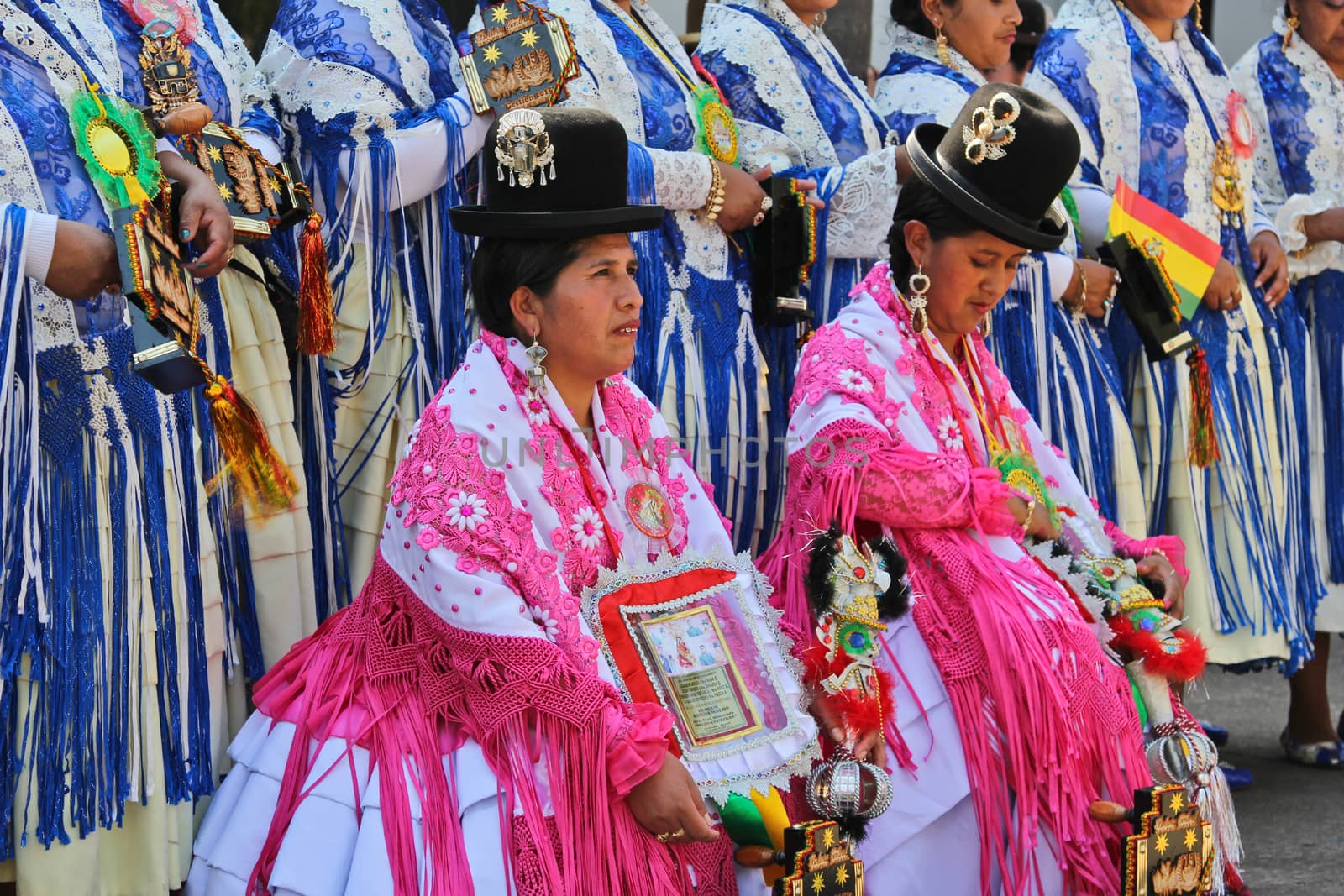 SAO PAULO, BRAZIL August 9 2015: An unidentified group of women with typical costumes wait for the Morenada parade in Bolivian Independence Day celebration in Sao Paulo Brazil.