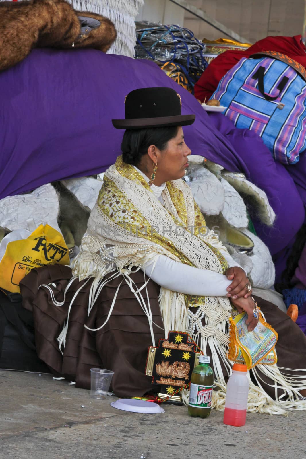 SAO PAULO, BRAZIL August 9 2015: An unidentified woman with typical costumes wait for the Morenada parade in Bolivian Independence Day celebration in Sao Paulo Brazil.