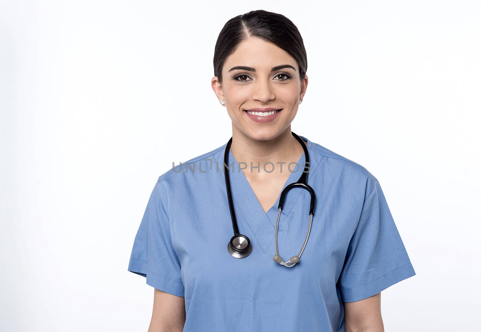 Confident pose of female doctor over white
