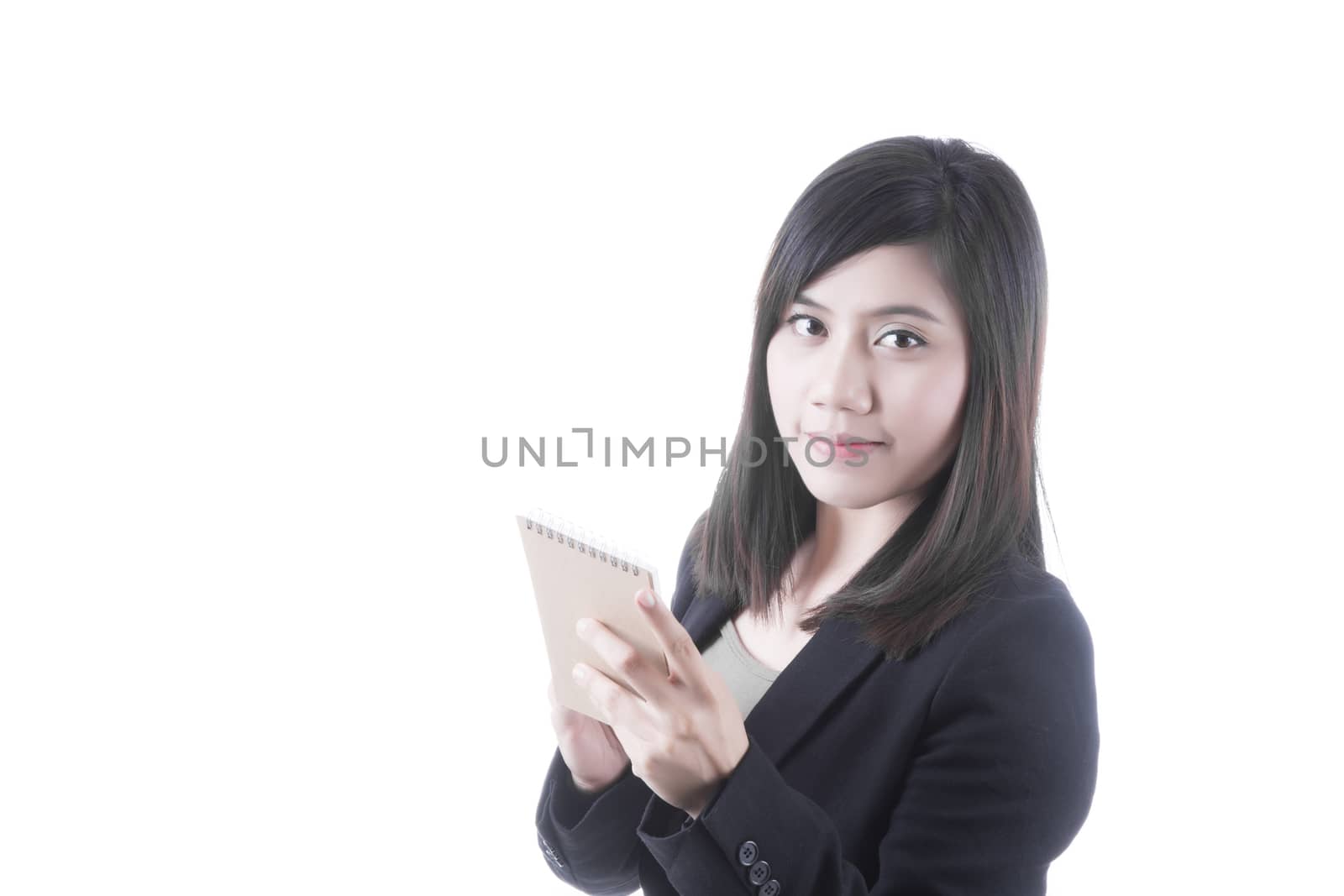 Asian woman with document note in business office concept on white background