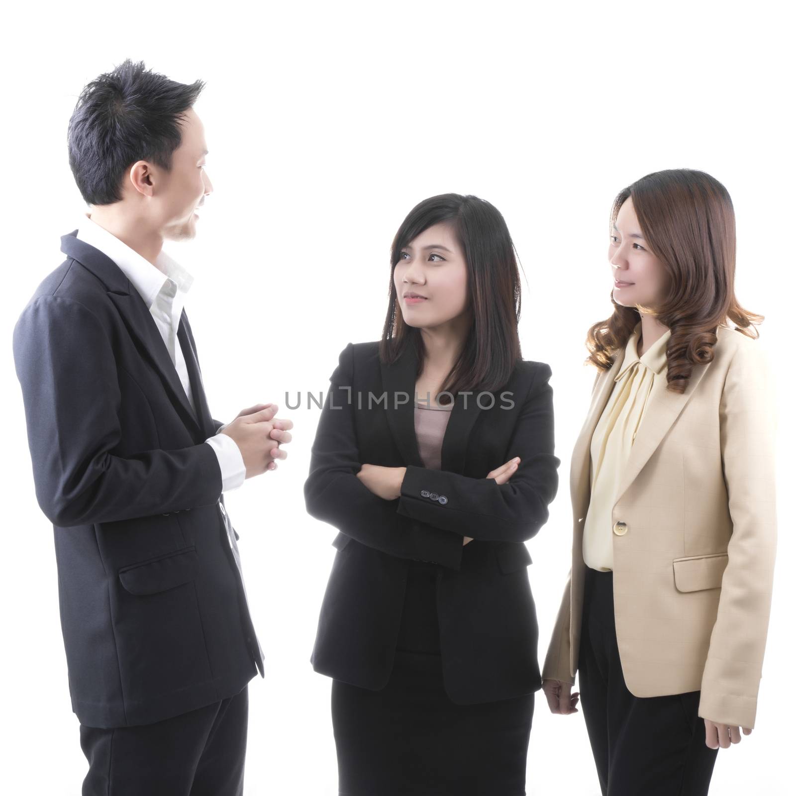 Three asian business in office on white background