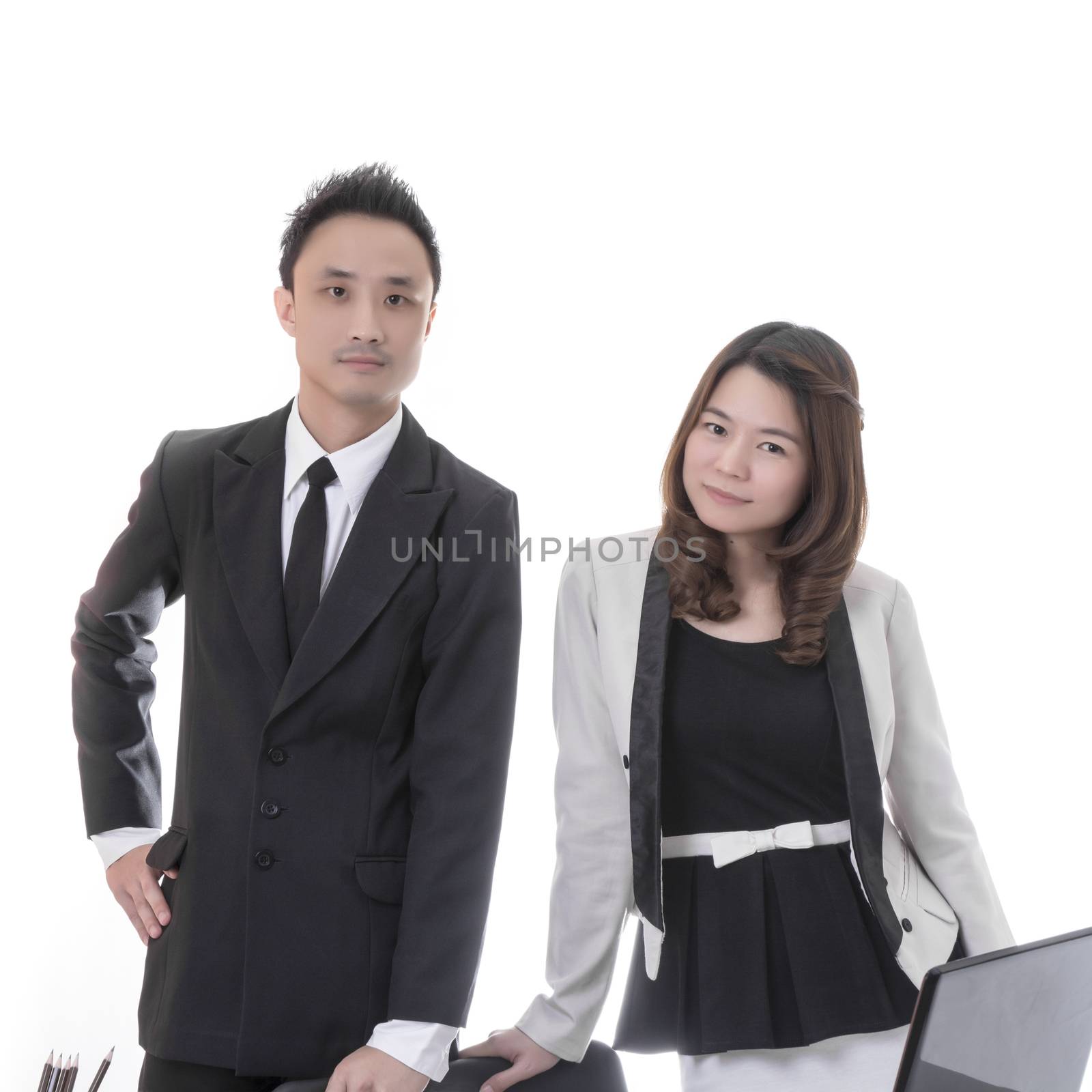 Two asian business in office on white background