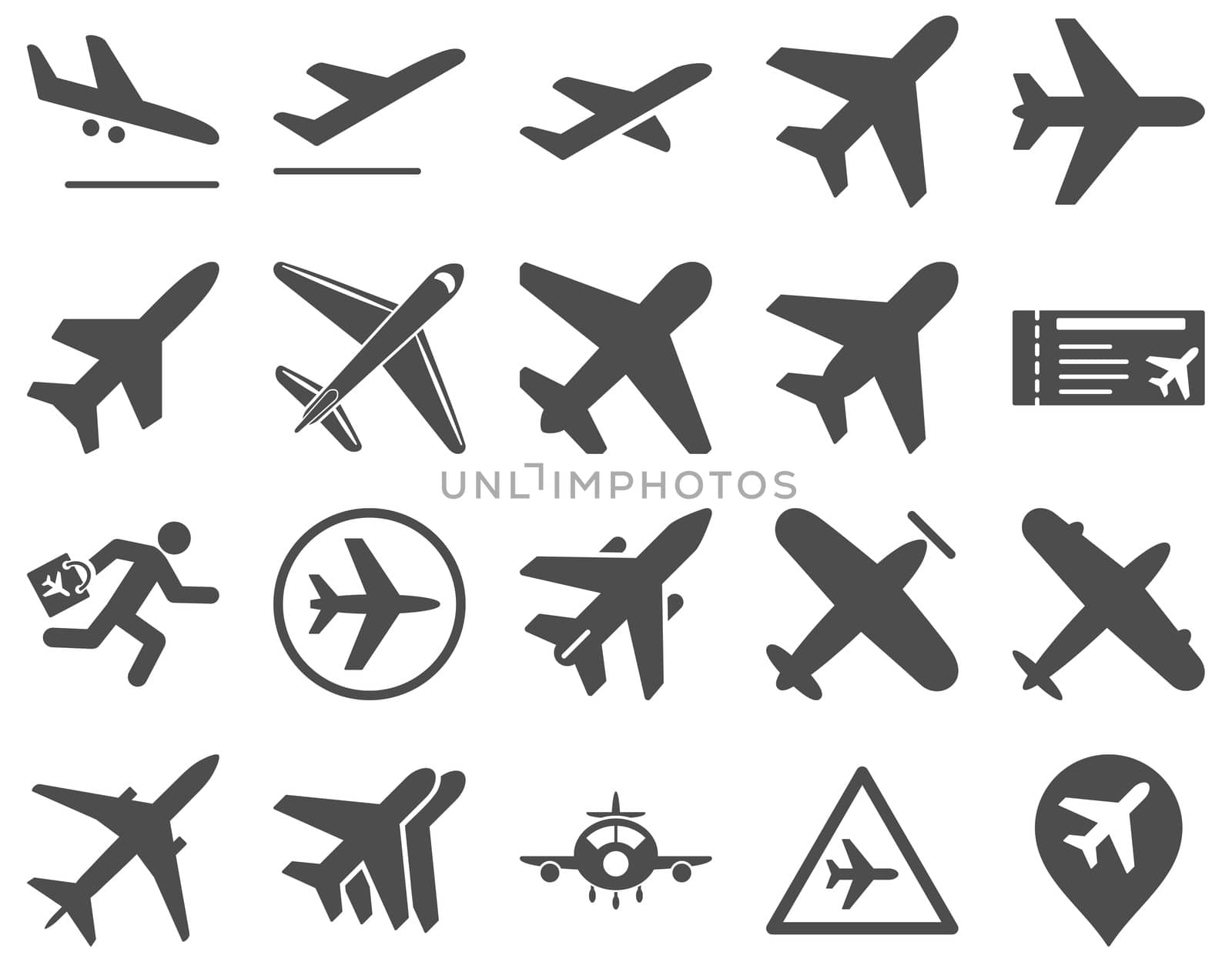 Aviation Icon Set. These flat icons use gray color. Raster images are isolated on a white background.
