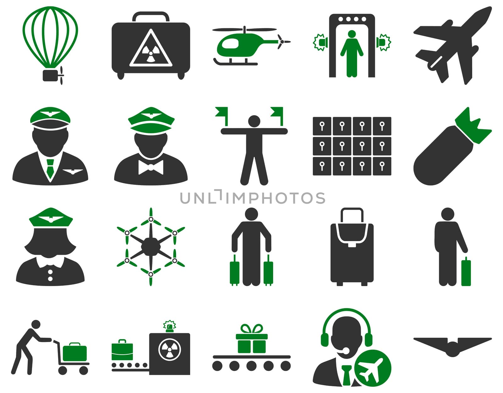 Airport Icon Set. These flat bicolor icons use green and gray colors. Raster images are isolated on a white background.