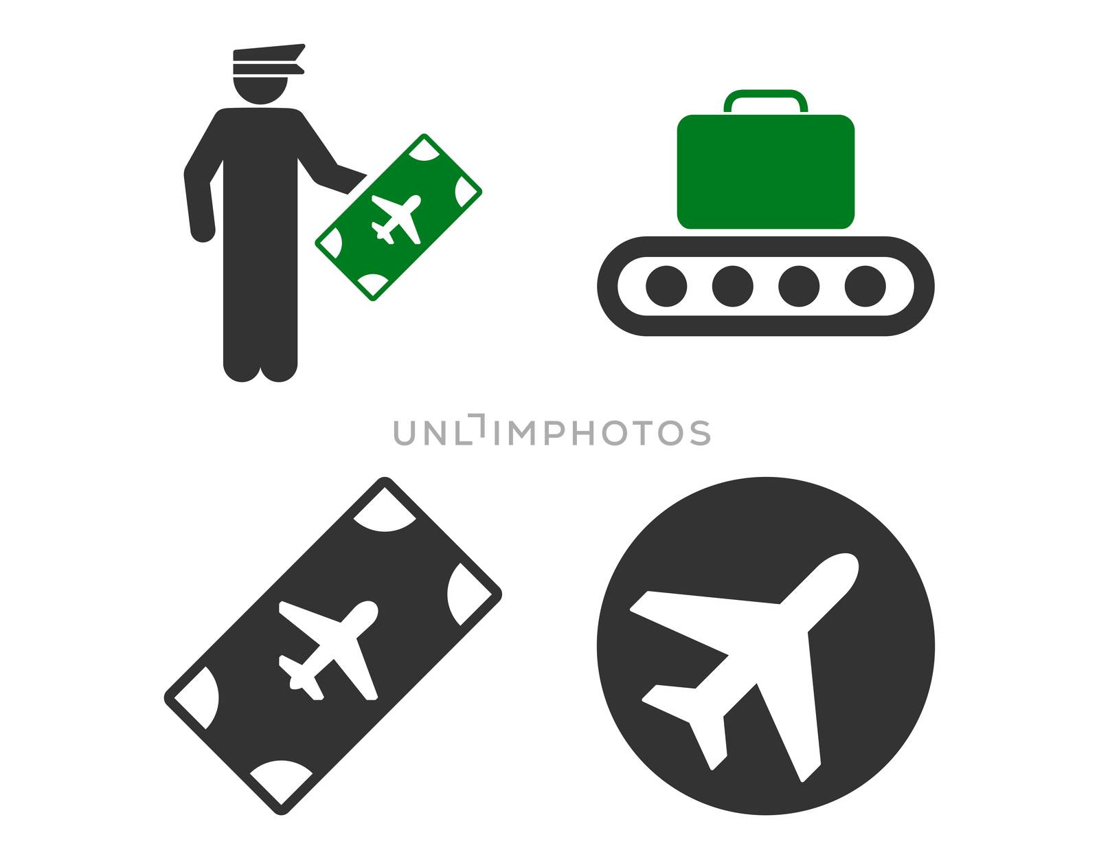 Aviation Icon Set. These flat bicolor icons use green and gray colors. Raster images are isolated on a white background.