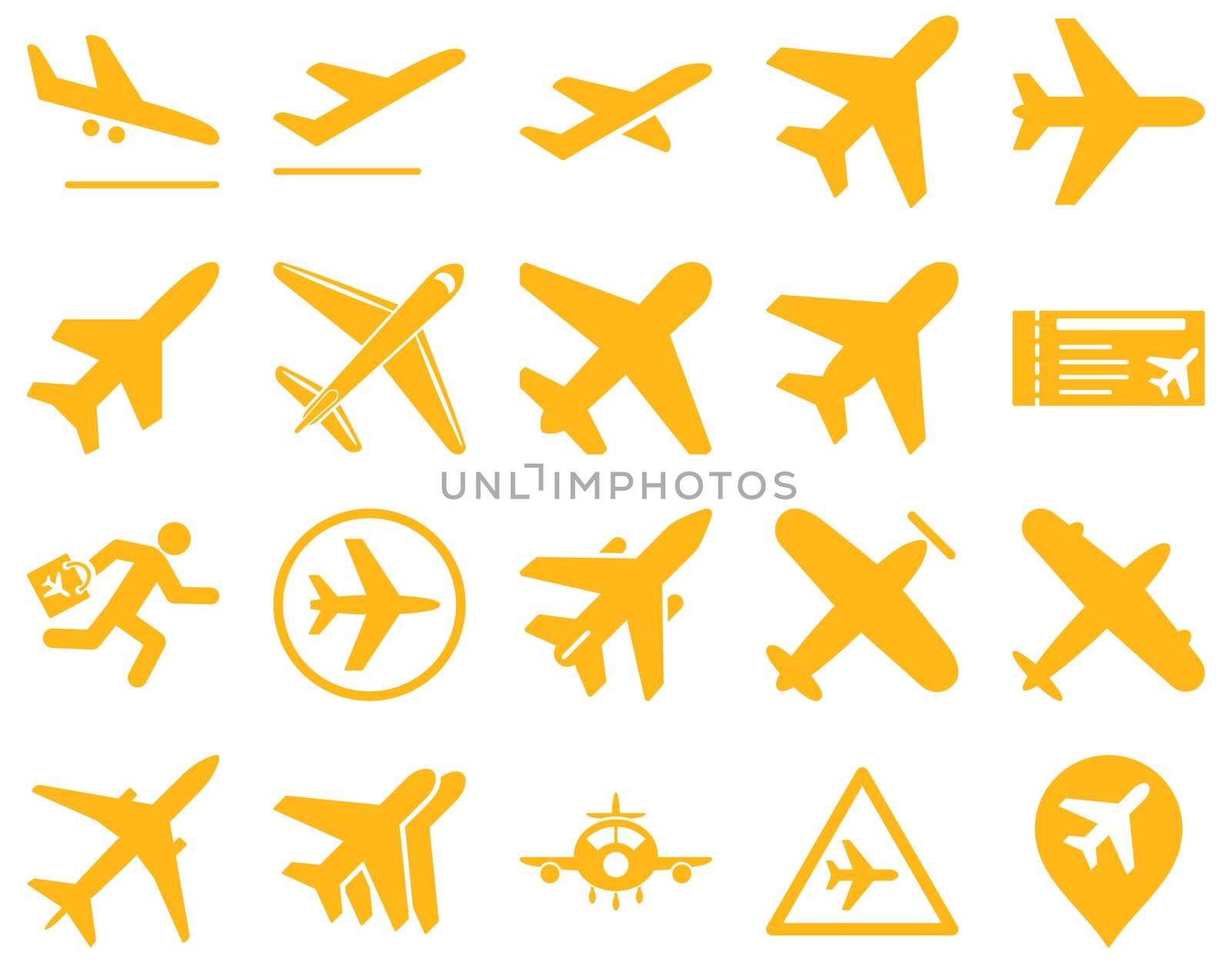 Aviation Icon Set. These flat icons use yellow color. Raster images are isolated on a white background.
