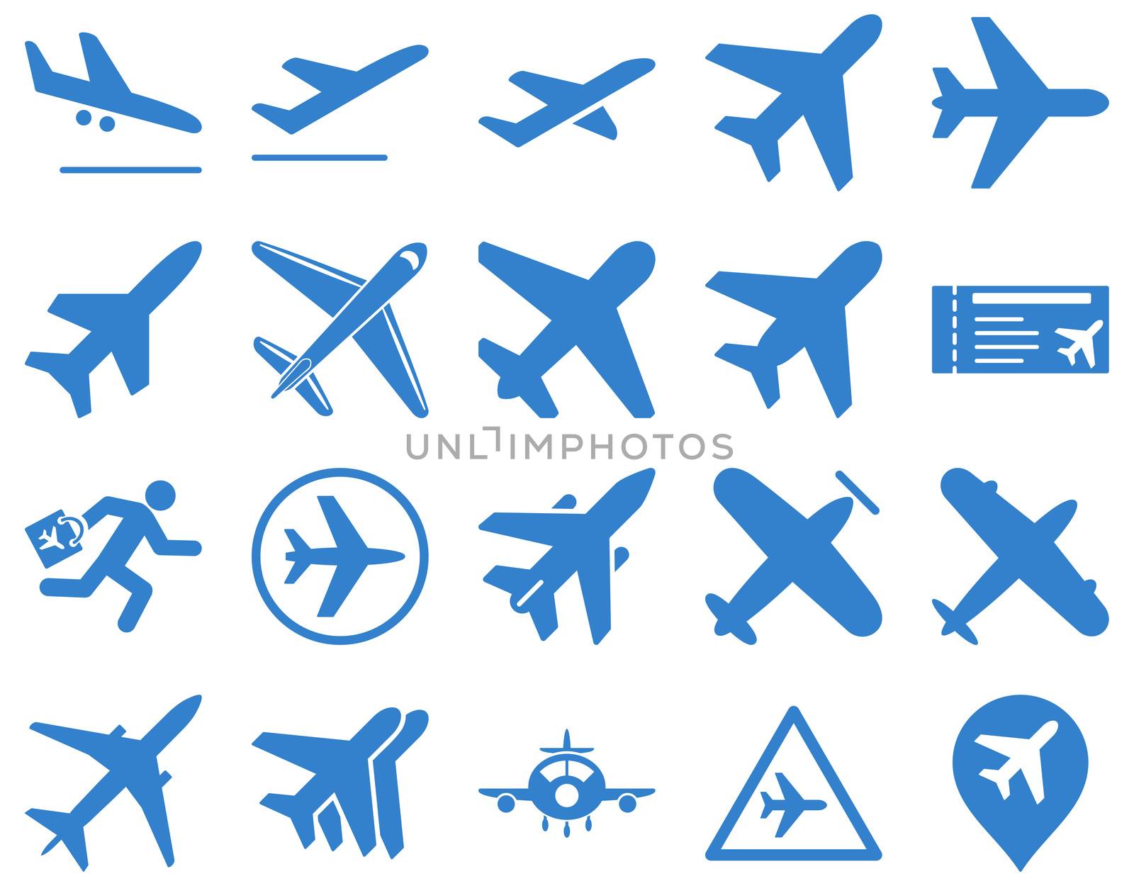 Aviation Icon Set. These flat icons use cobalt color. Raster images are isolated on a white background.