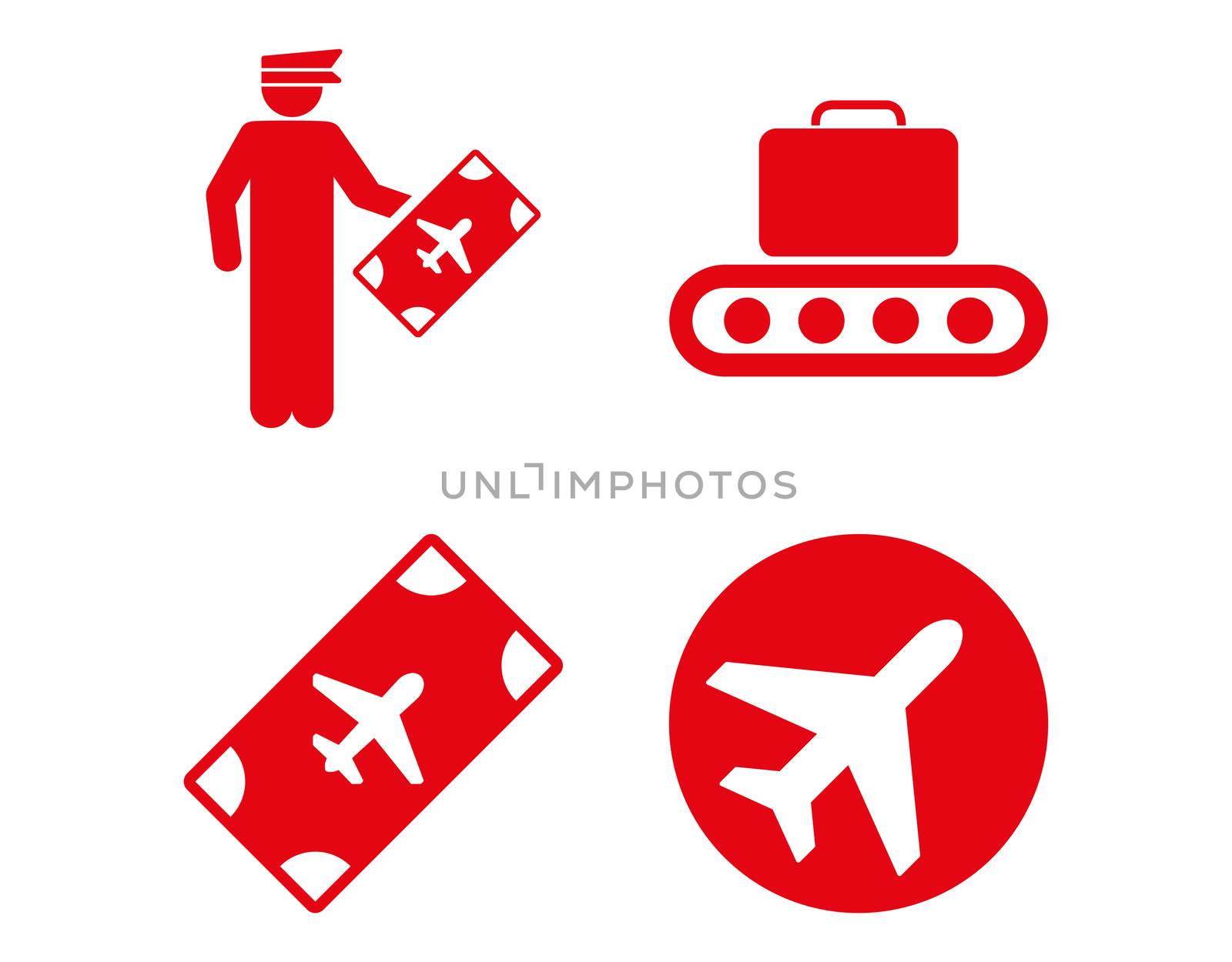 Aviation Icon Set. These flat icons use red color. Raster images are isolated on a white background.