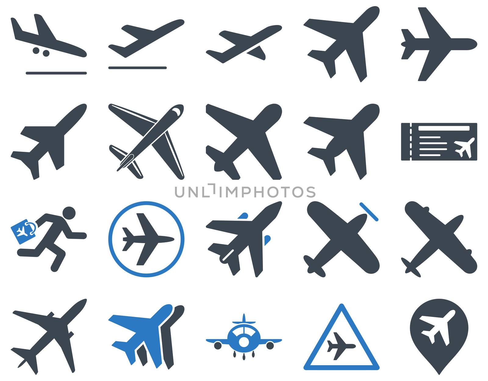 Aviation Icon Set. These flat bicolor icons use smooth blue colors. Raster images are isolated on a white background.