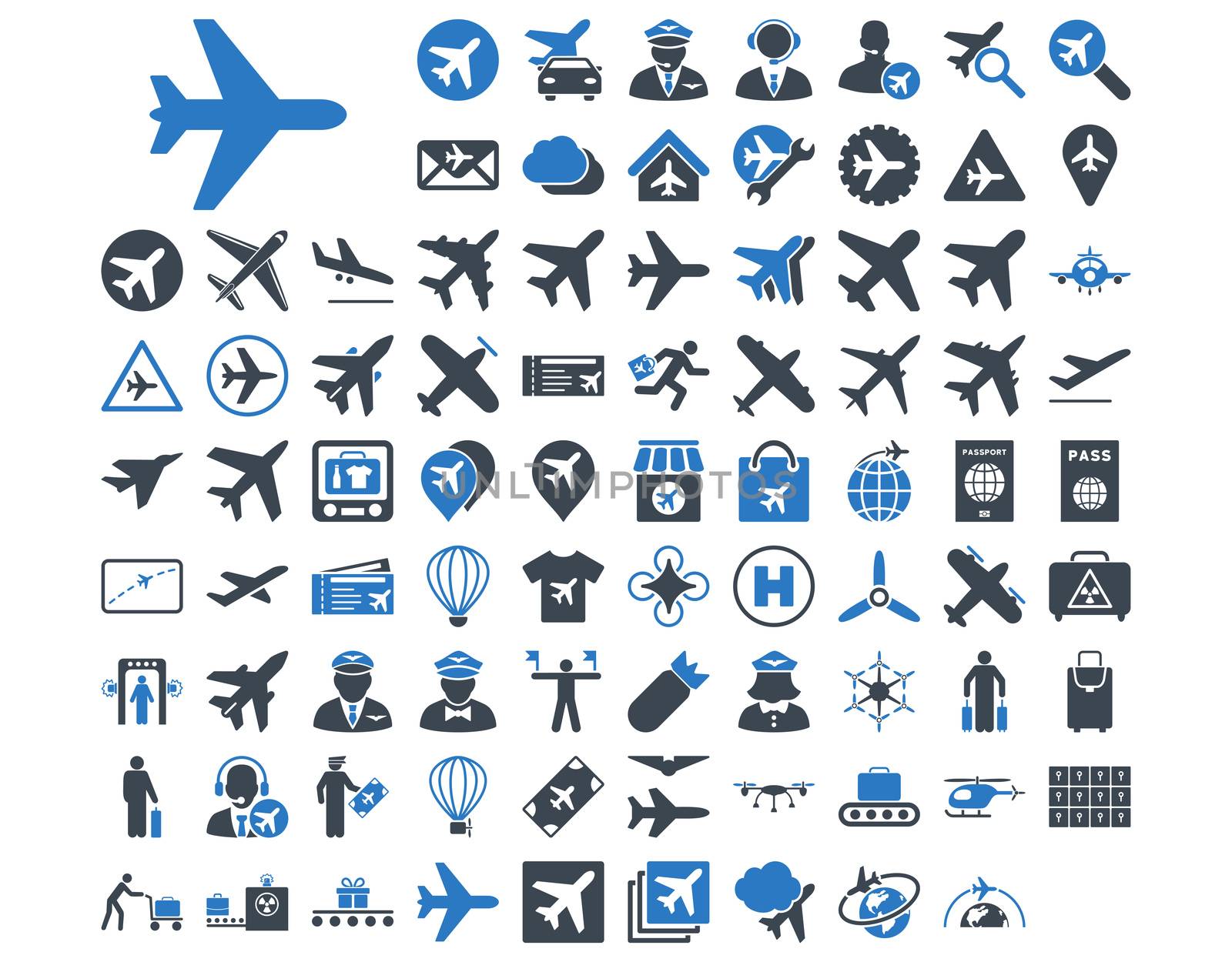 Aviation Icon Set. These flat bicolor icons use smooth blue colors. Raster images are isolated on a white background.