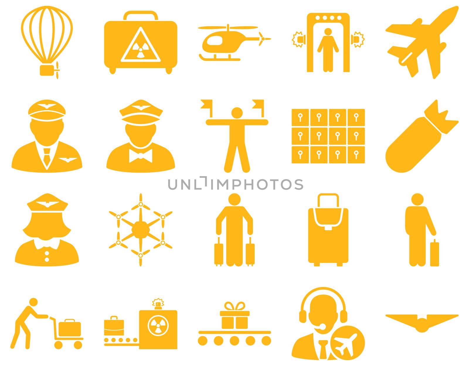 Airport Icon Set. These flat icons use yellow color. Raster images are isolated on a white background.